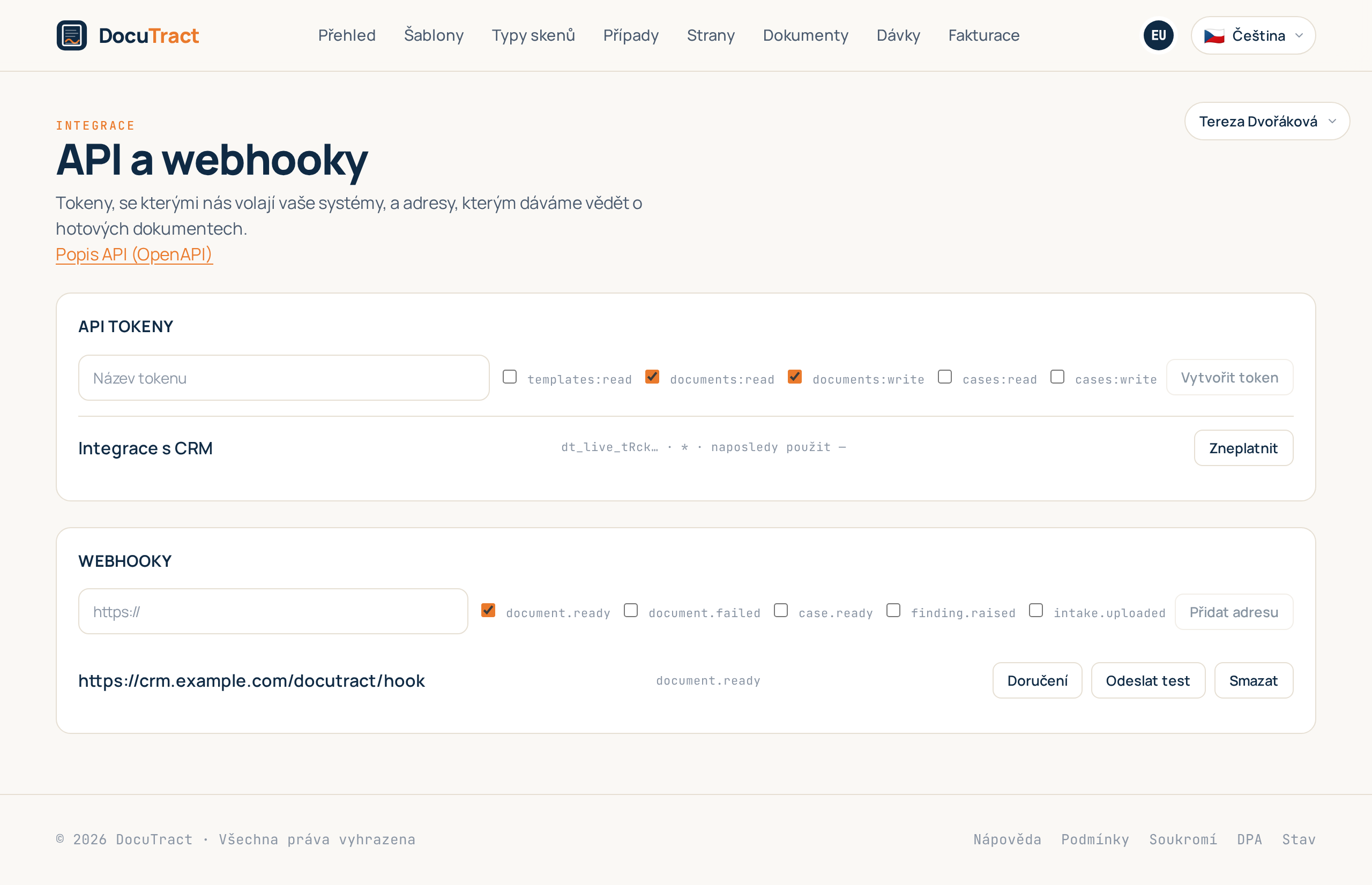 Obrazovka Integrace: API tokeny a adresy webhooků