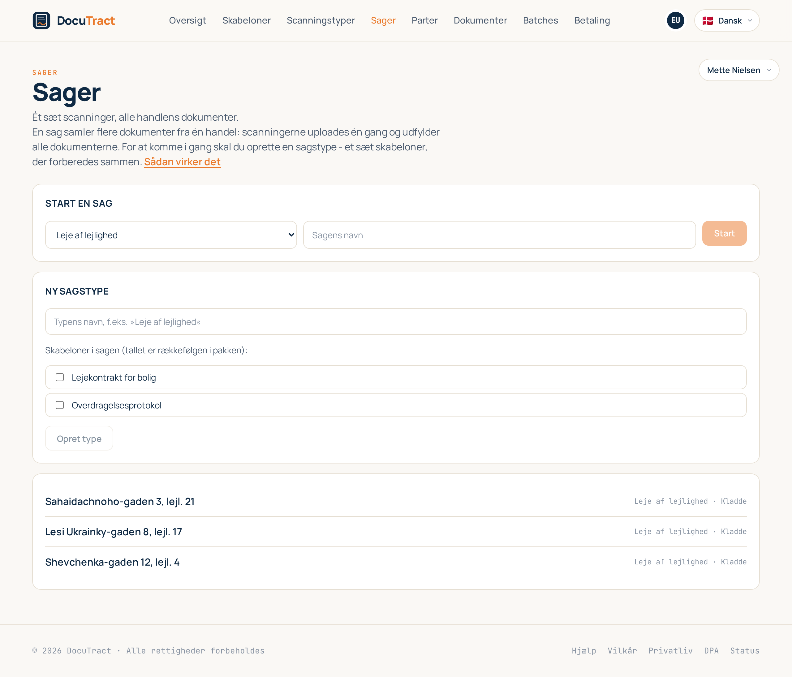 Listen over sager med de to felter, der starter en ny