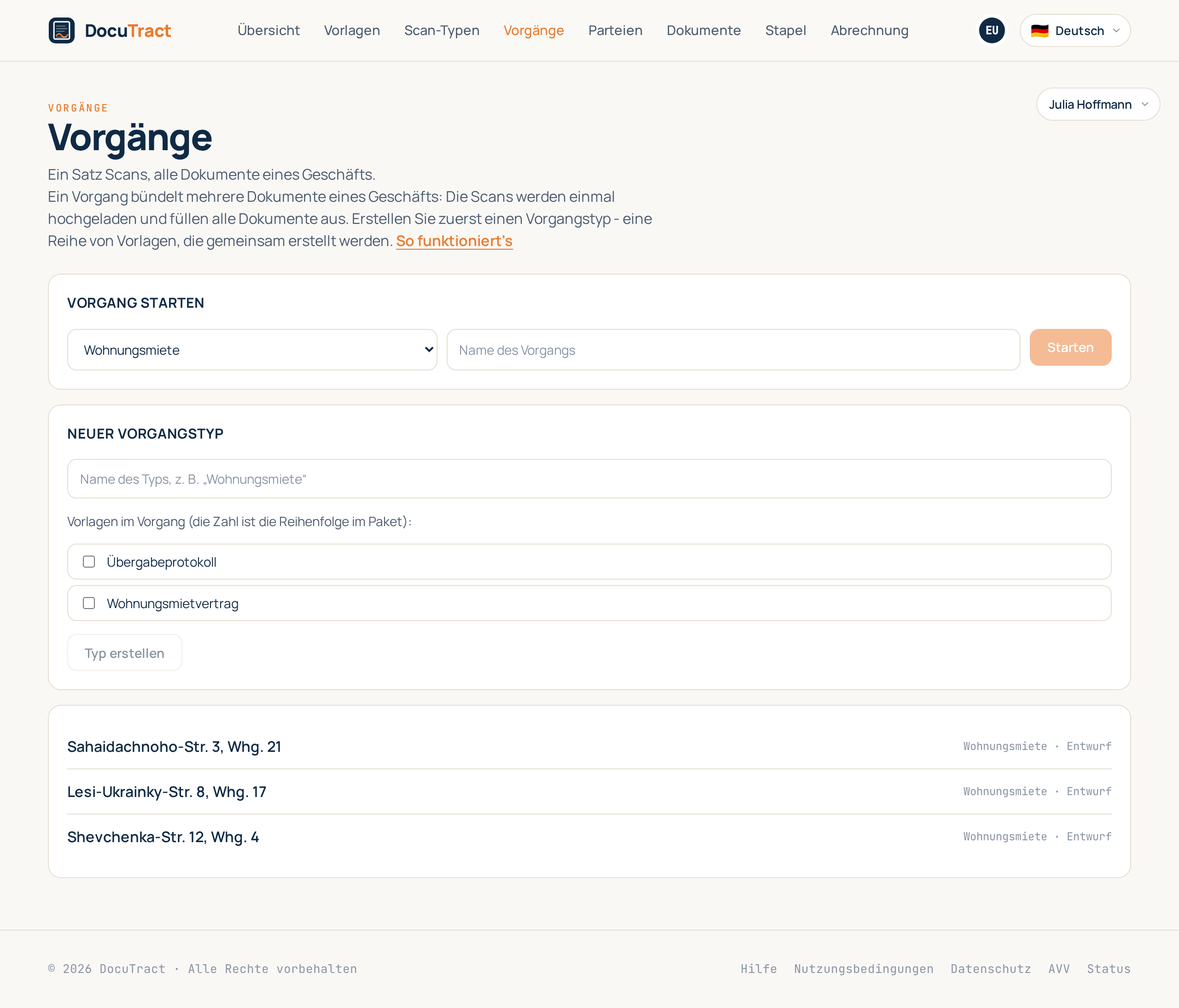 Die Liste der Vorgänge mit den zwei Feldern, die einen neuen starten