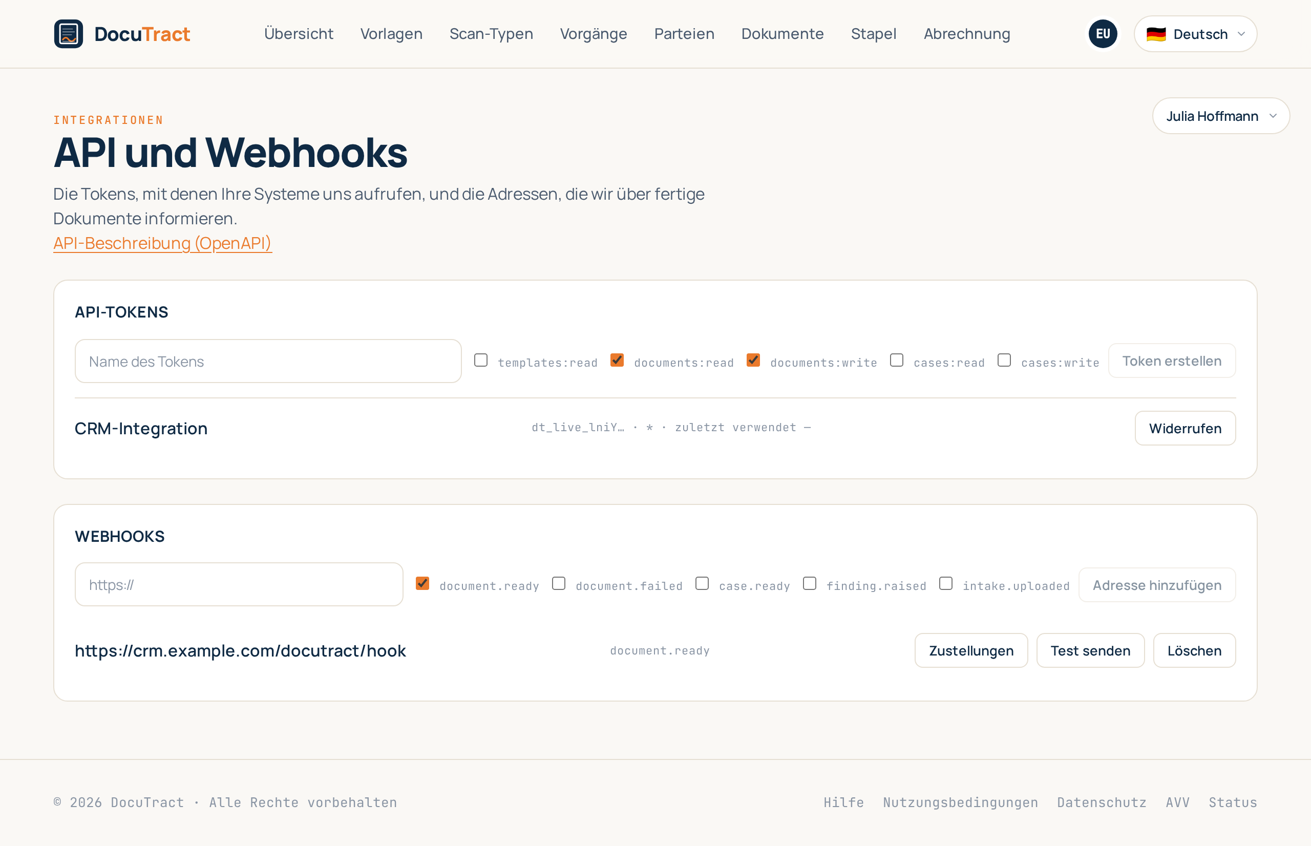 Der Bildschirm „Integrationen“: API-Tokens und Webhook-Adressen