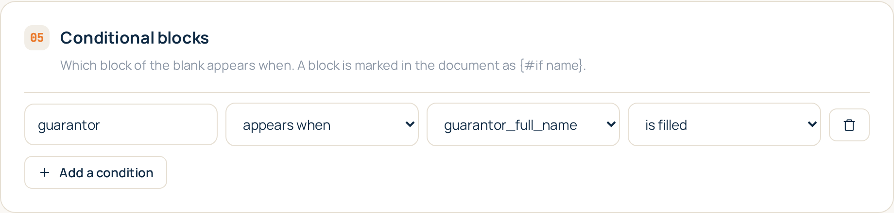 The conditional blocks section: a rule per block, built from lists rather than a formula box