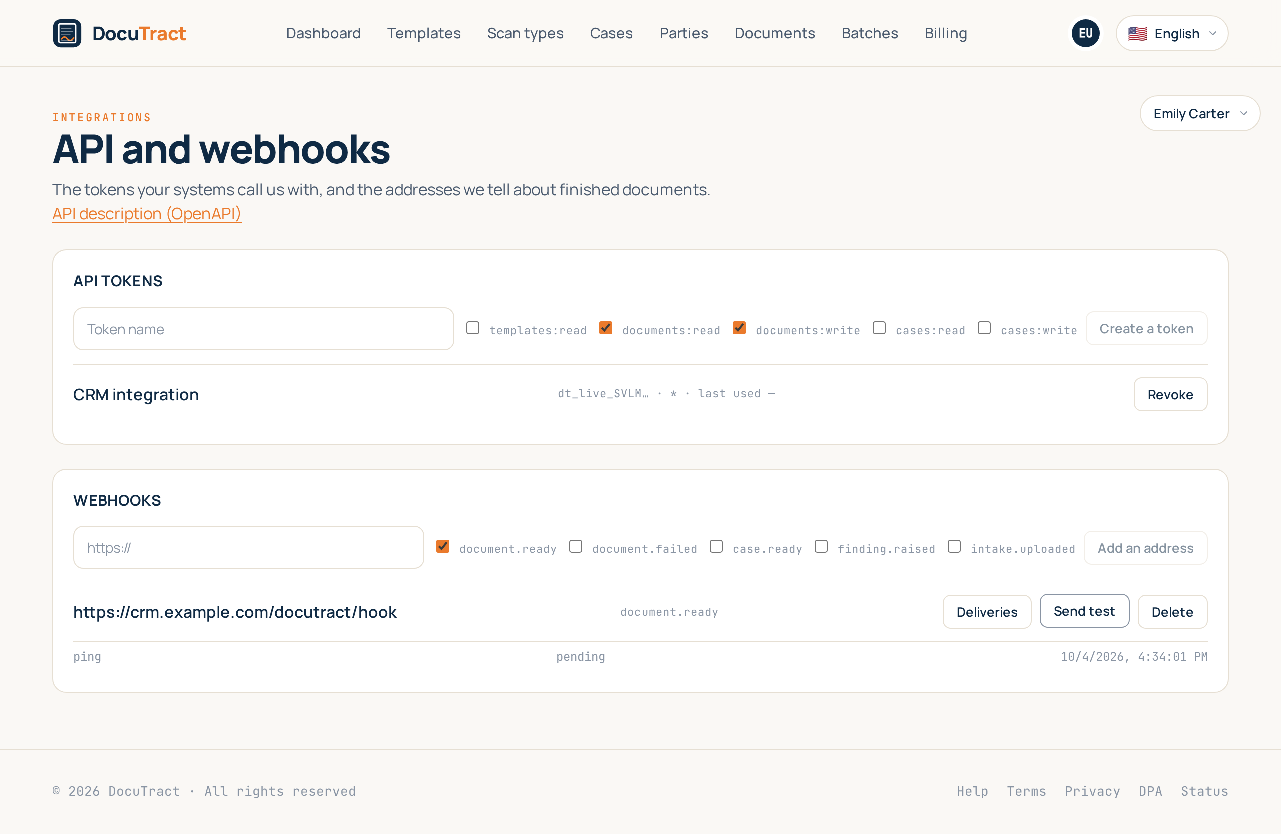 The delivery log: event, status, response code, attempt count and a retry button