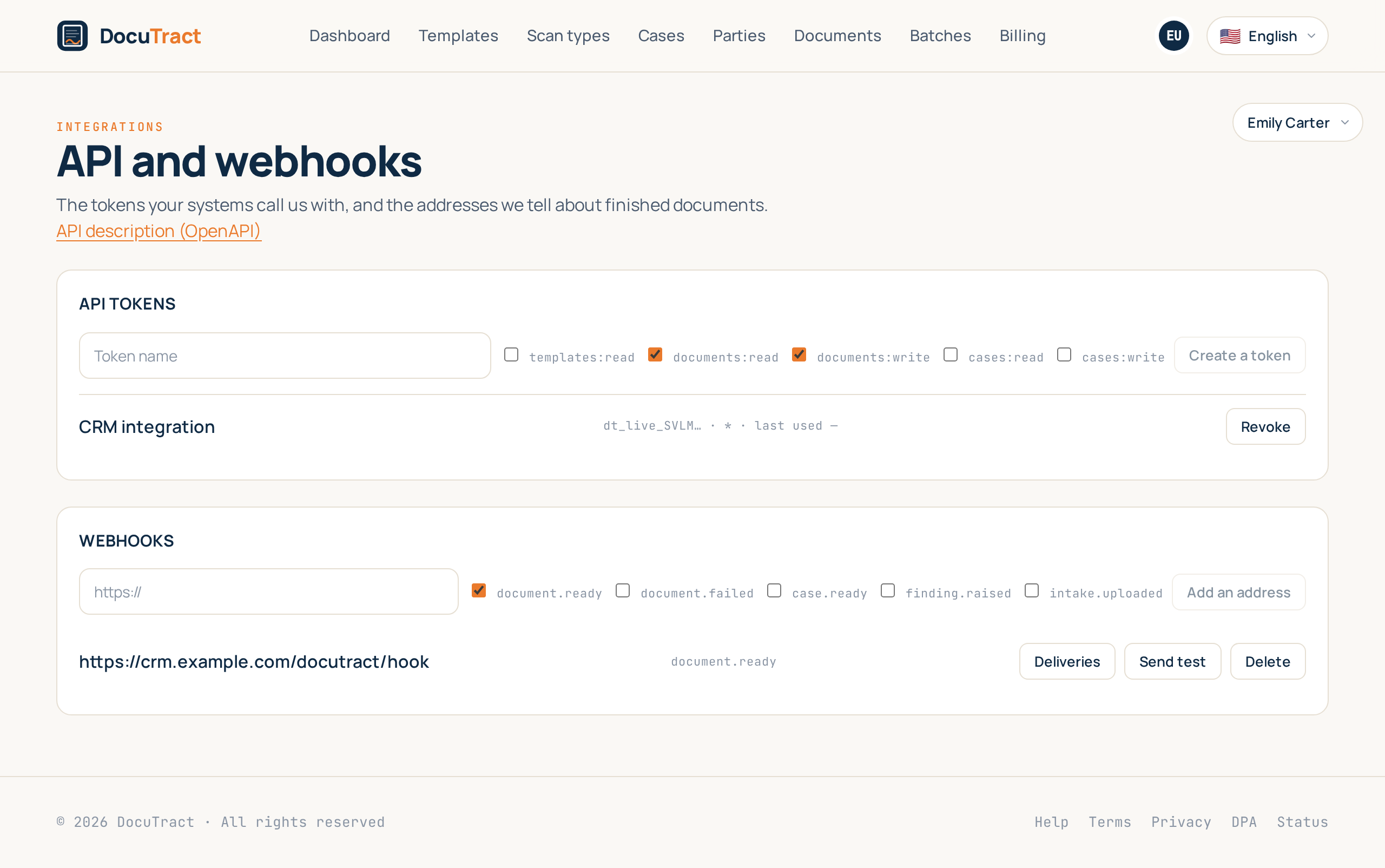 The integrations screen: tokens, the webhook address and what happens to it