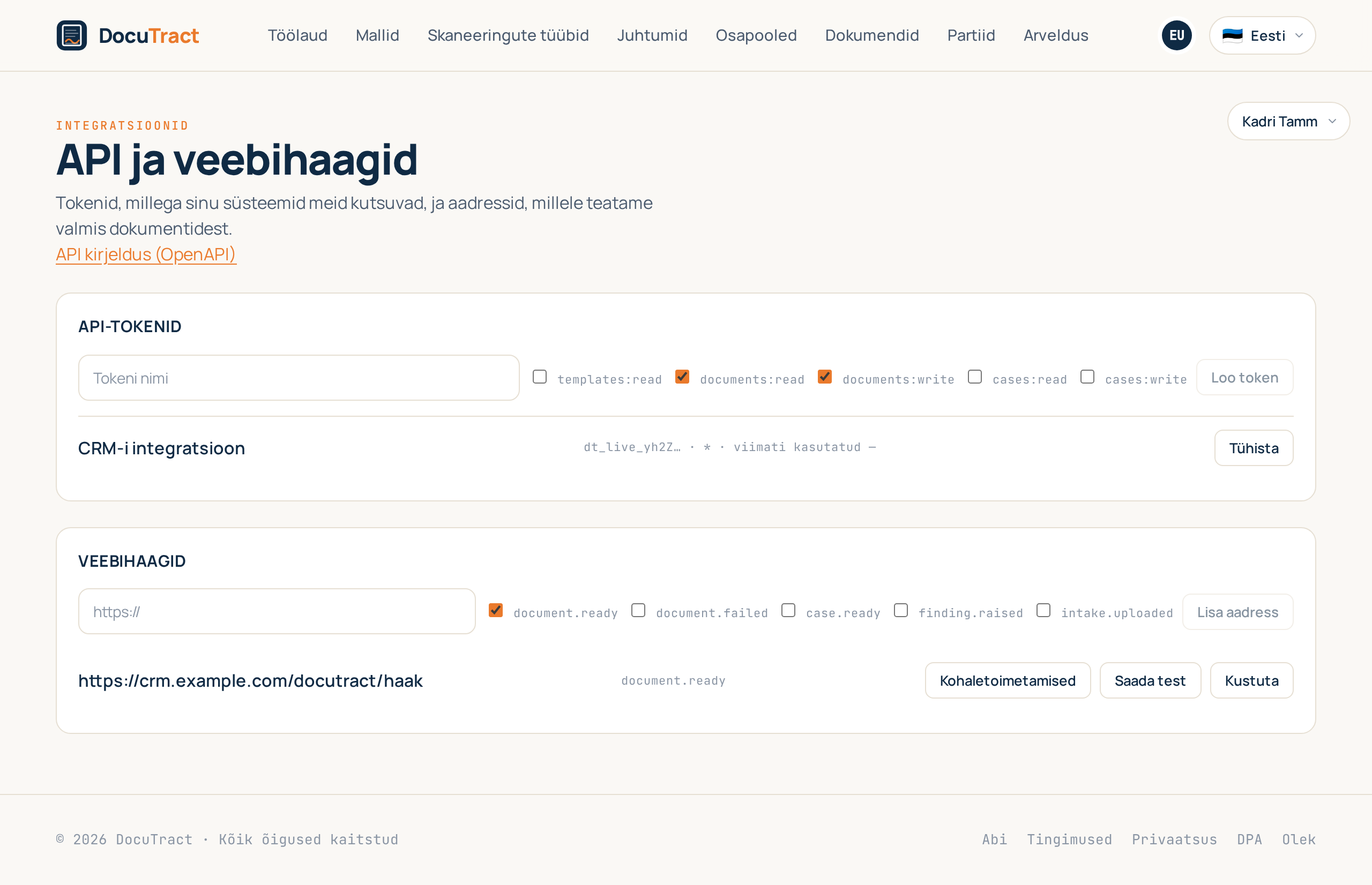 Integratsioonide vaade: tokenid, veebihaagi aadress ja see, mis sellega juhtub