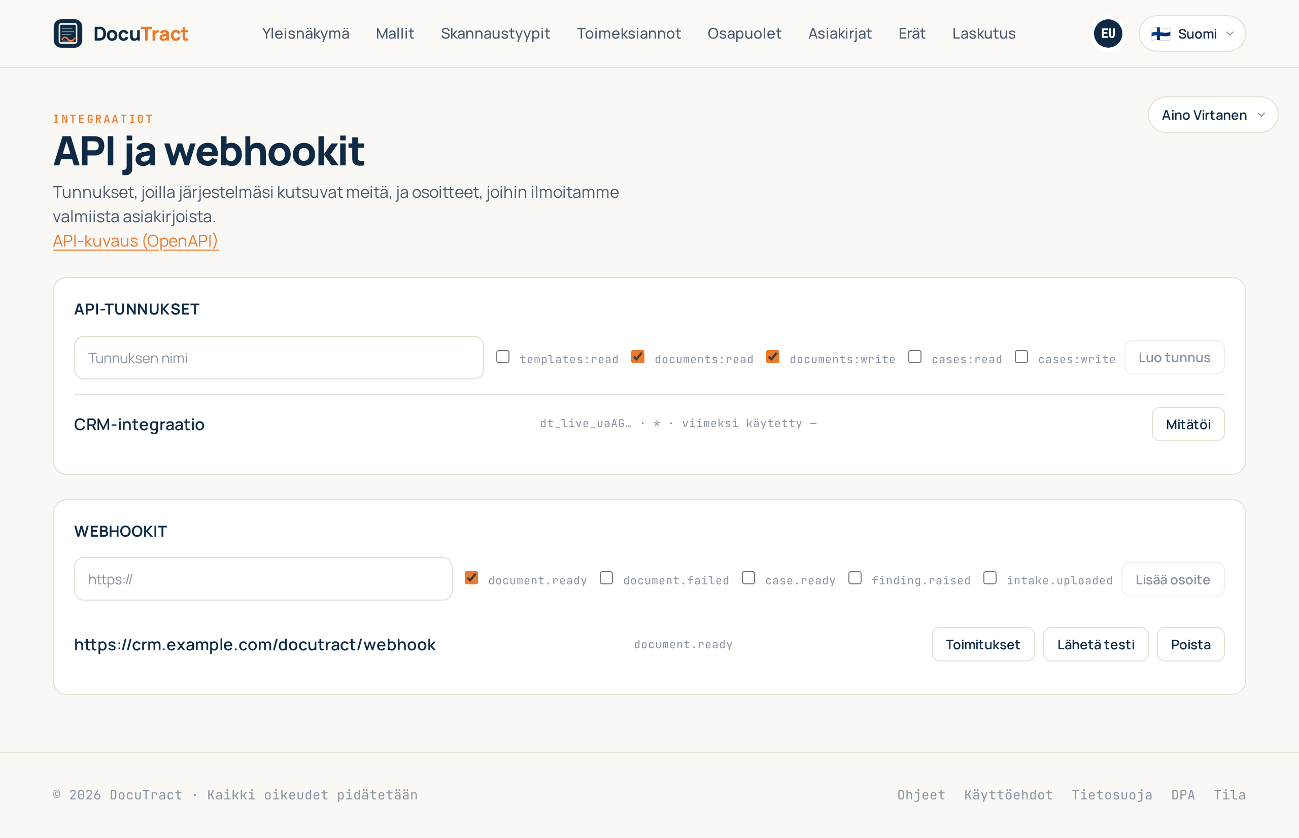 Integraatiot-näkymä: API-tunnukset ja webhook-osoitteet