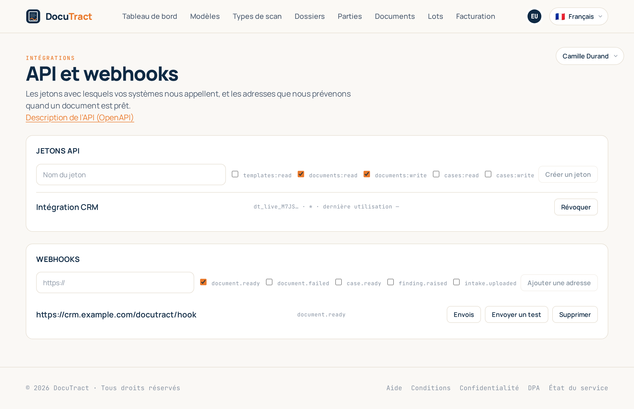 L’écran Intégrations : jetons API et adresses de webhook