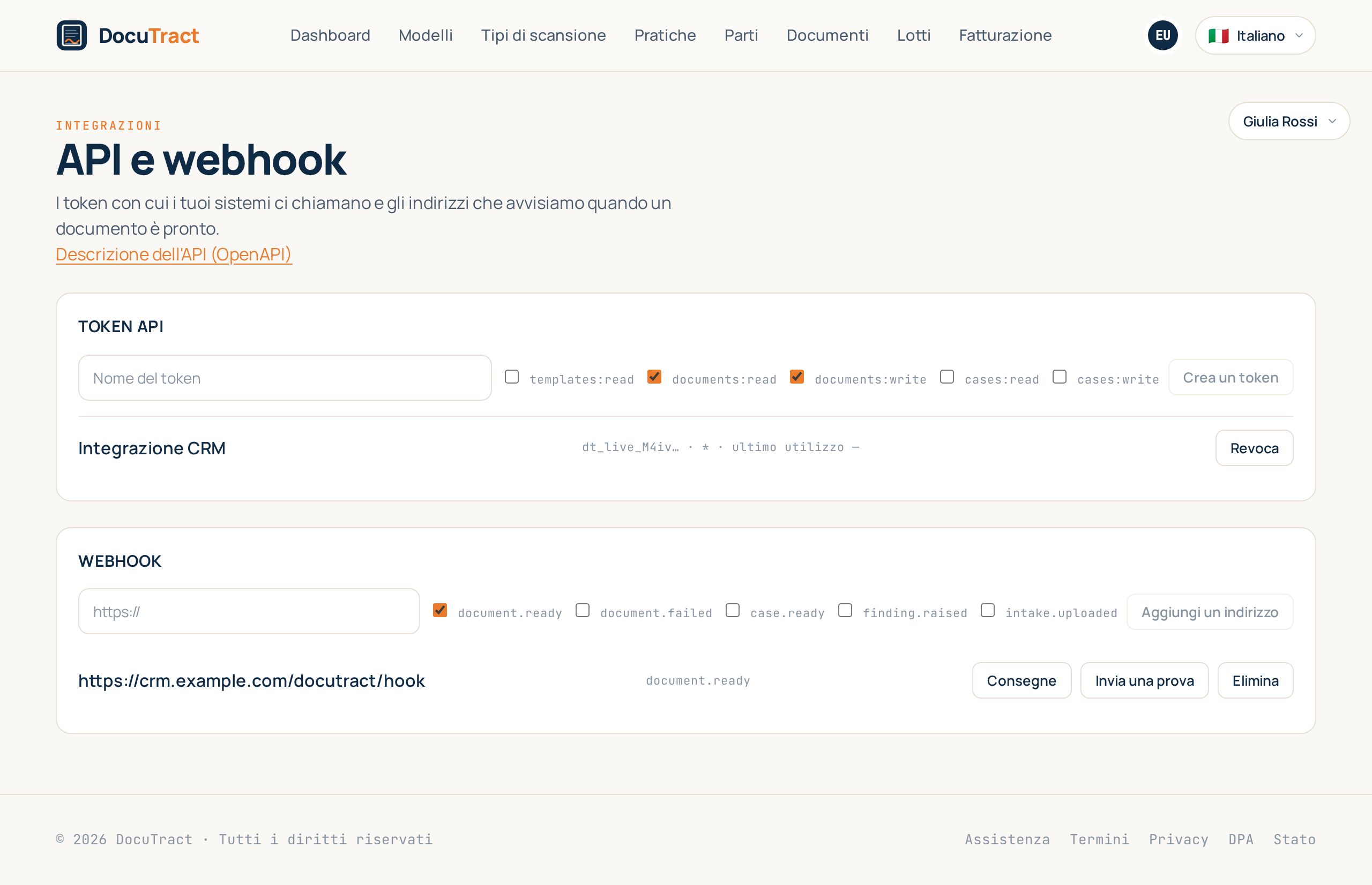 La schermata Integrazioni: token API e indirizzi dei webhook
