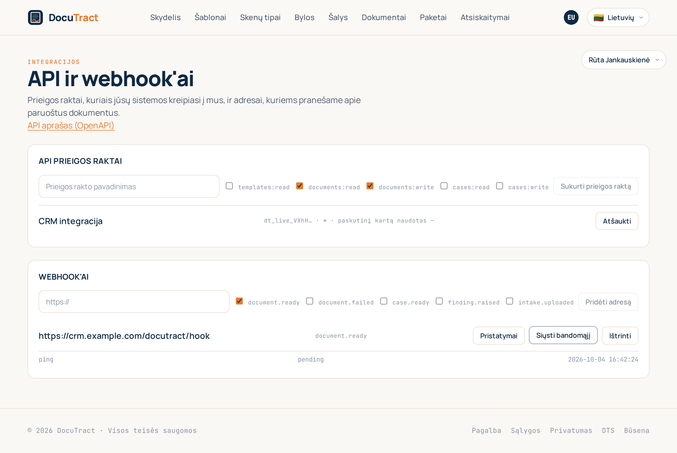 Webhook adreso pristatymų žurnalas: įvykiai, bandymai ir atsakymų kodai