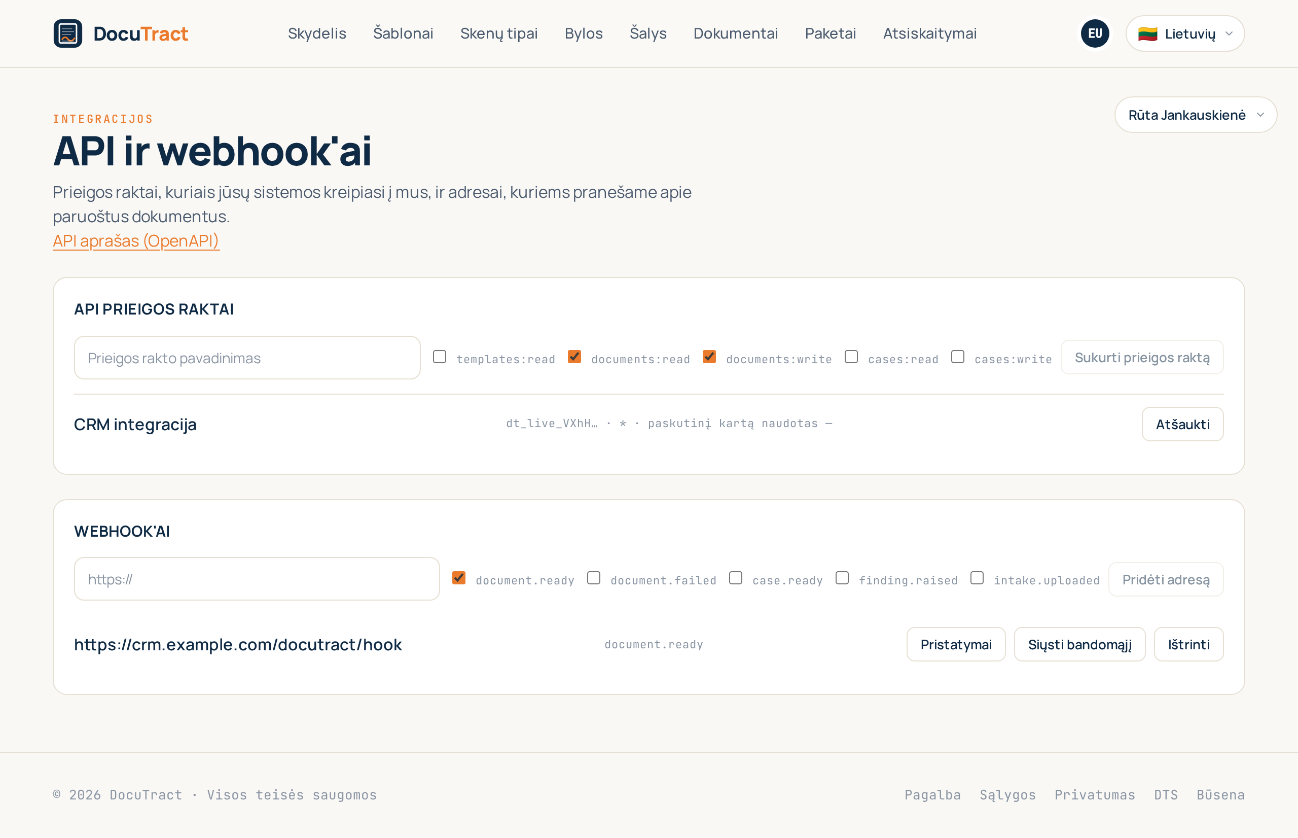 Integracijų ekranas: API prieigos raktai ir webhook adresai