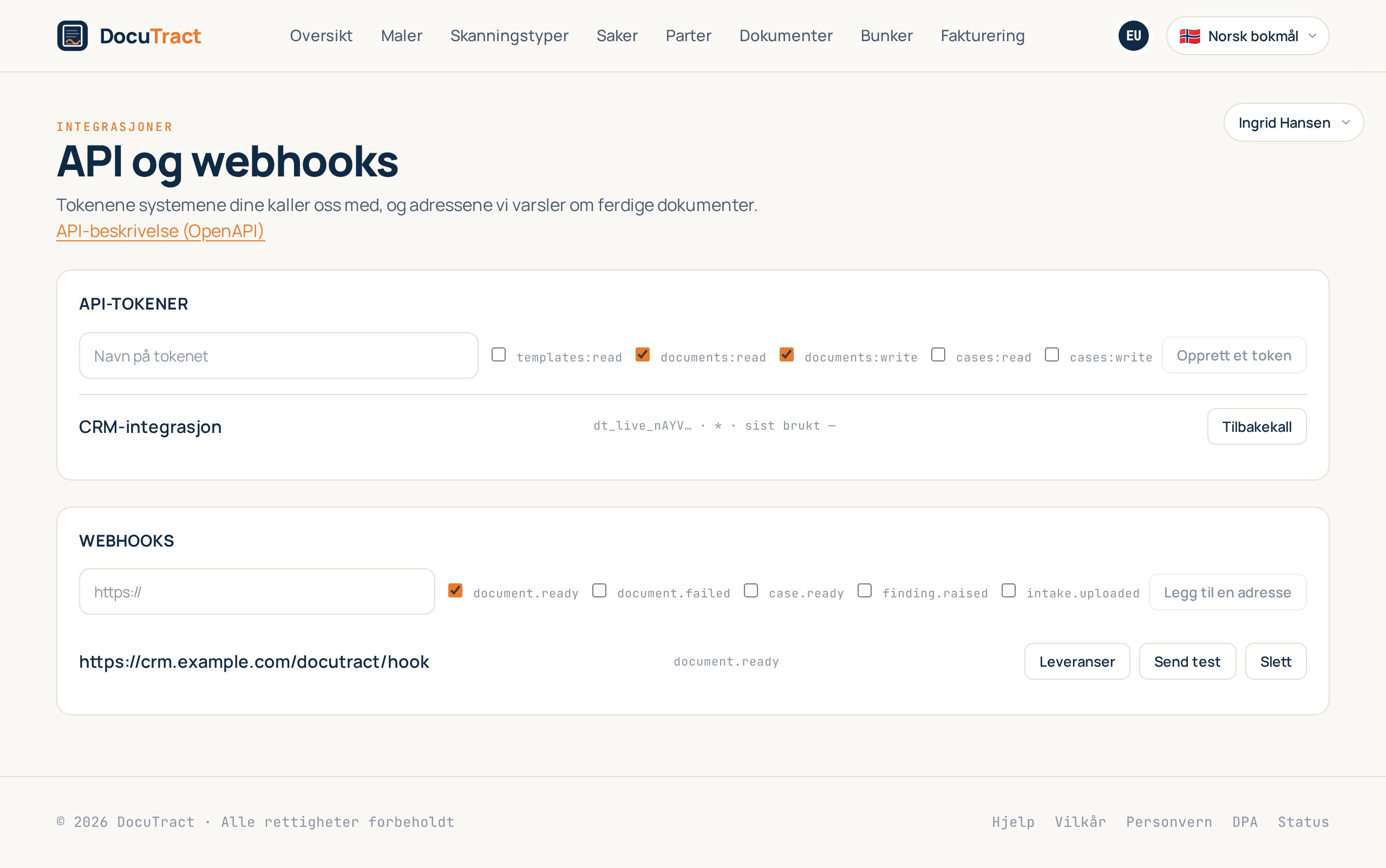 Skjermen Integrasjoner: API-tokener og webhook-adresser