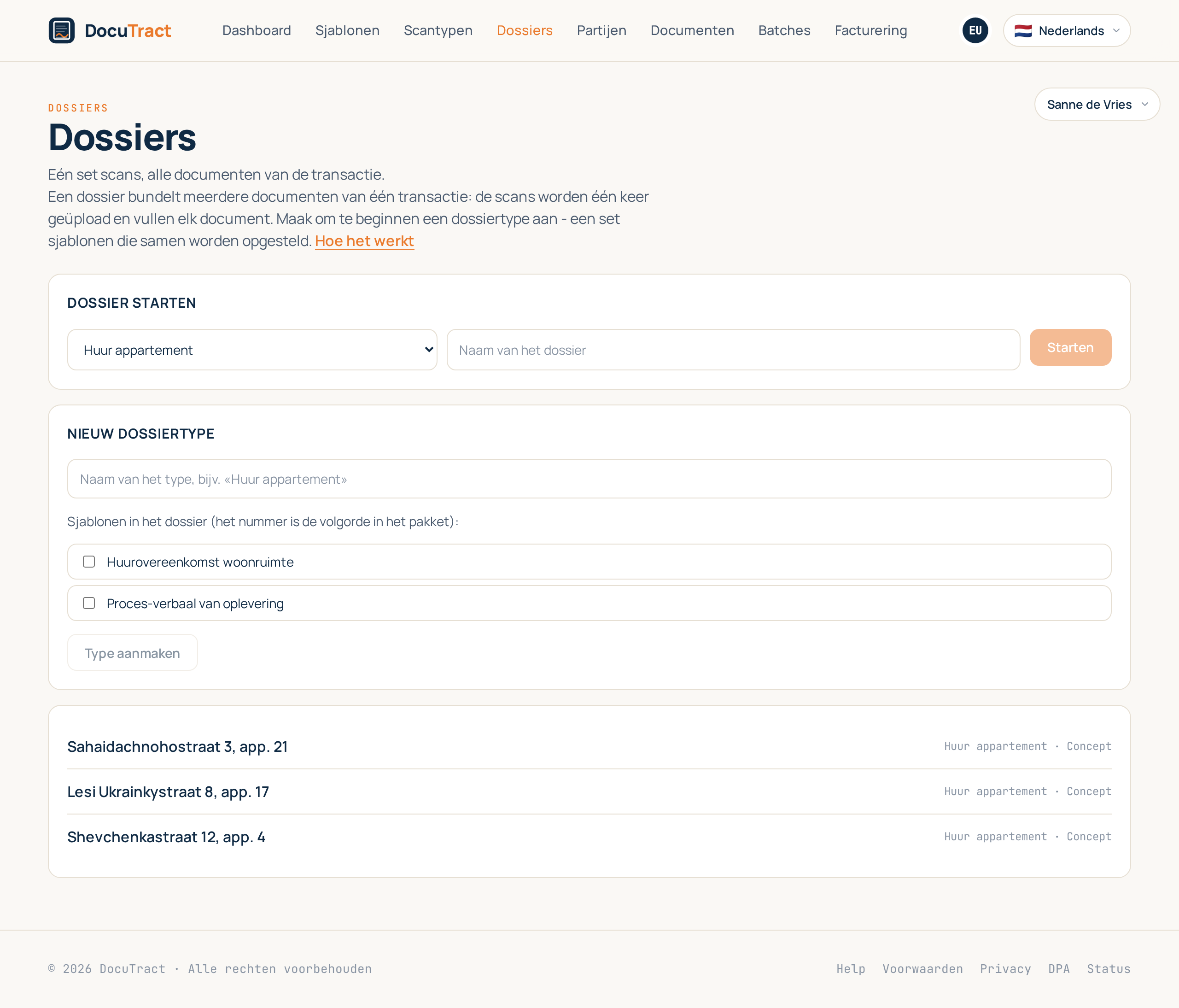 De lijst met dossiers, met de twee velden waarmee je een nieuw dossier start