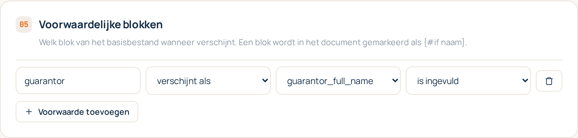 Het onderdeel Voorwaardelijke blokken in de sjablooneditor: één regel per blok