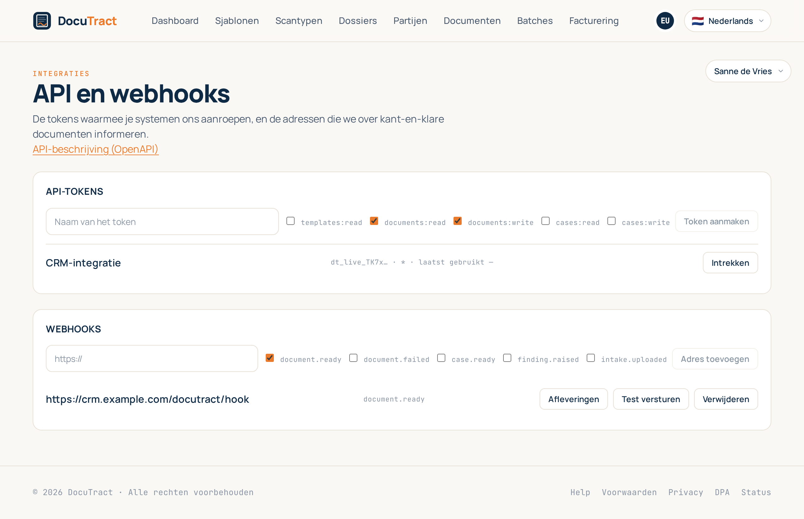 Het scherm Integraties: tokens, het webhookadres en wat ermee gebeurt