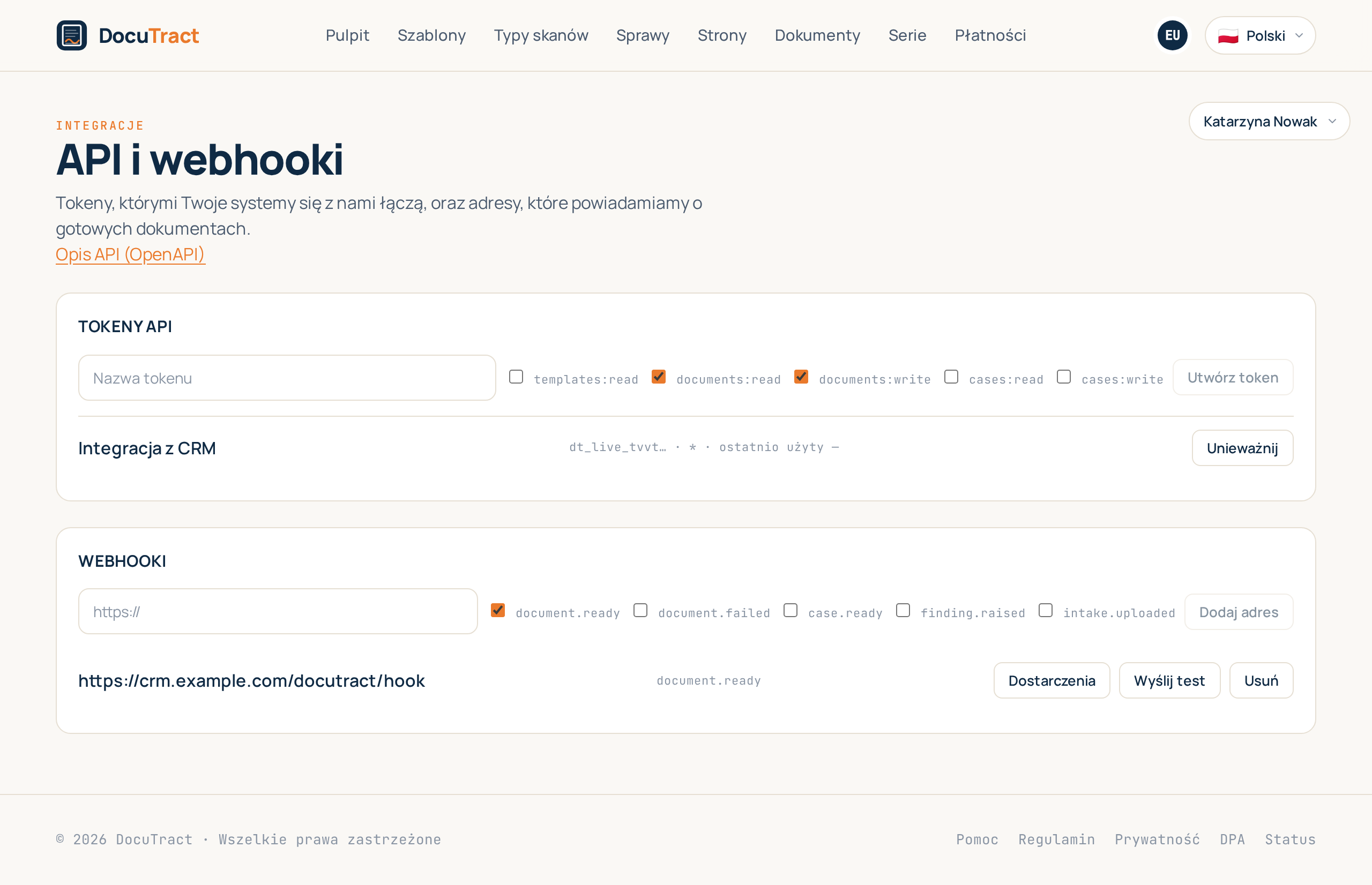 Ekran Integracje: tokeny API i adresy webhooków