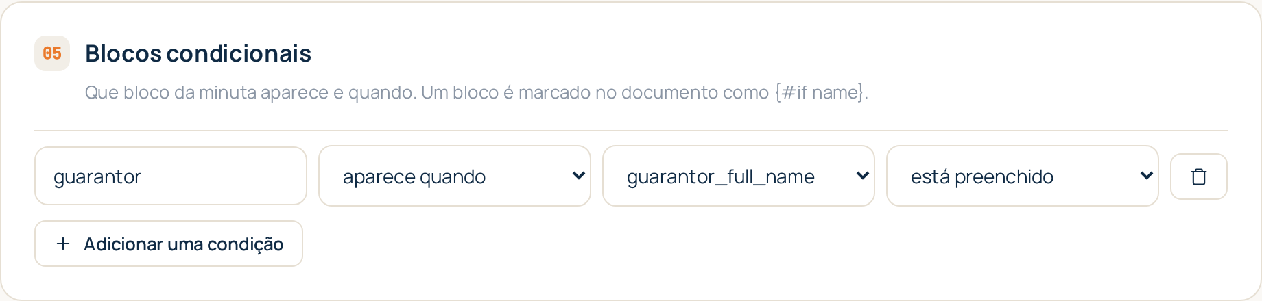 A secção Blocos condicionais do editor de modelos: uma regra por bloco