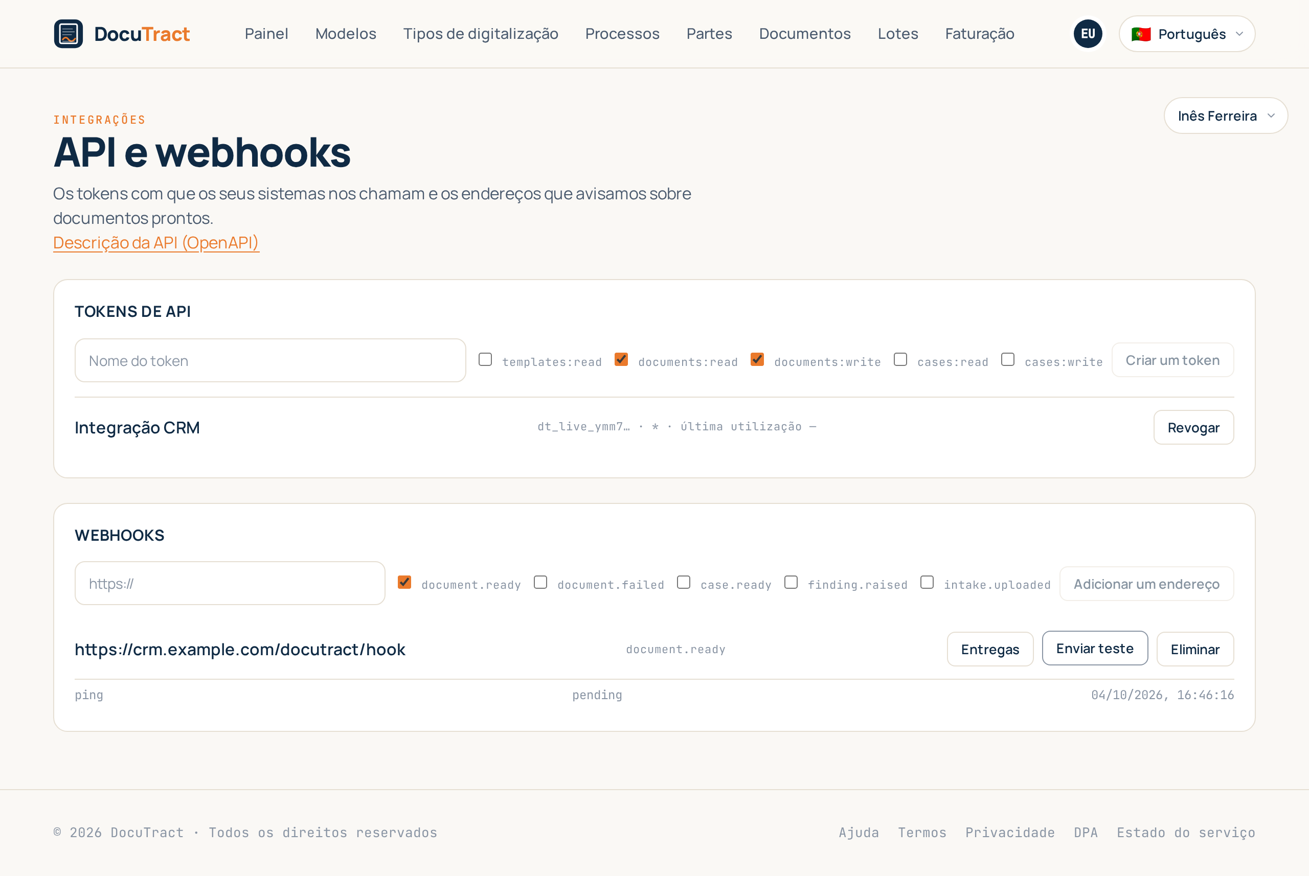 O registo de entregas de um endereço de webhook: eventos, tentativas e códigos de resposta
