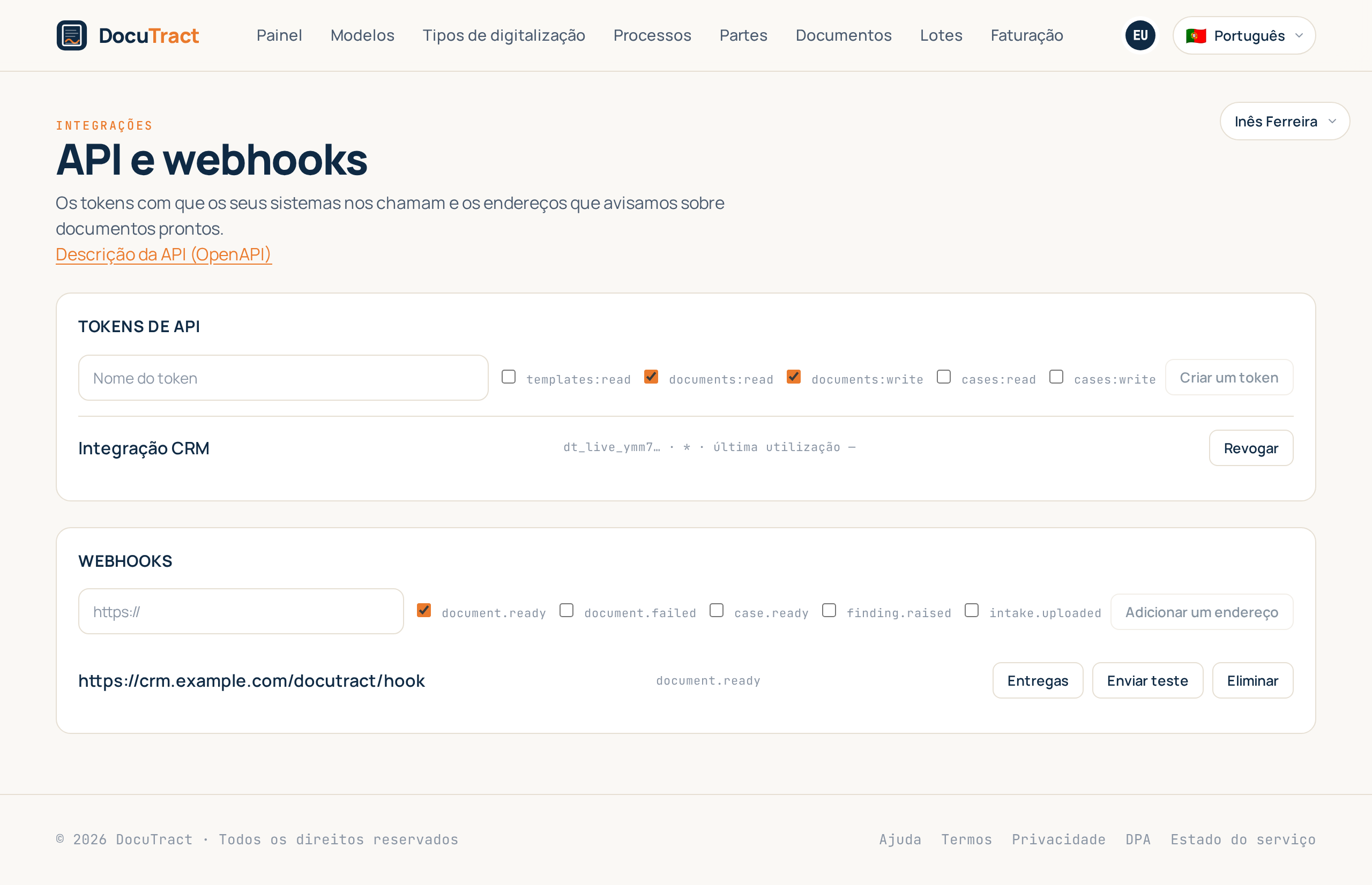 O ecrã Integrações: tokens da API e endereços de webhook