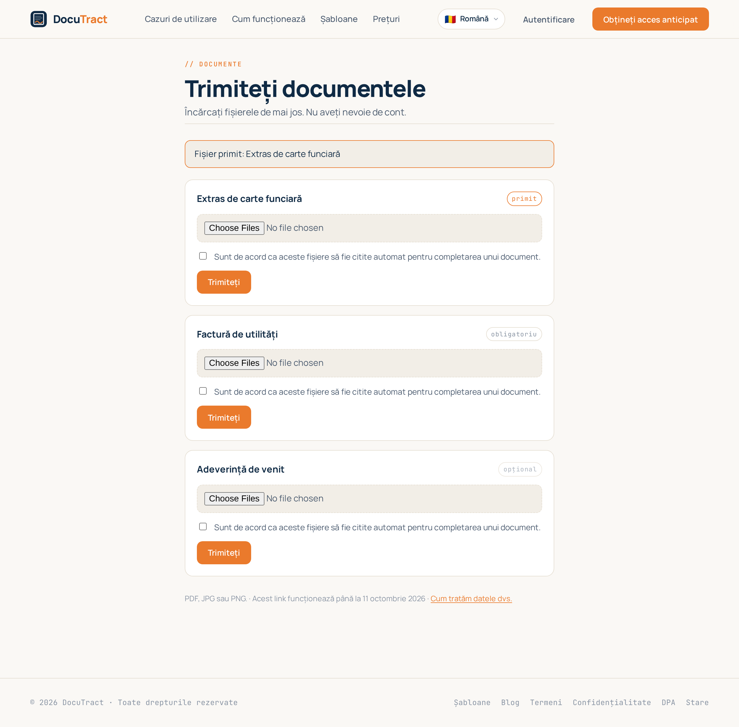 Pagina clientului: lista documentelor de trimis și un buton de încărcare pentru fiecare