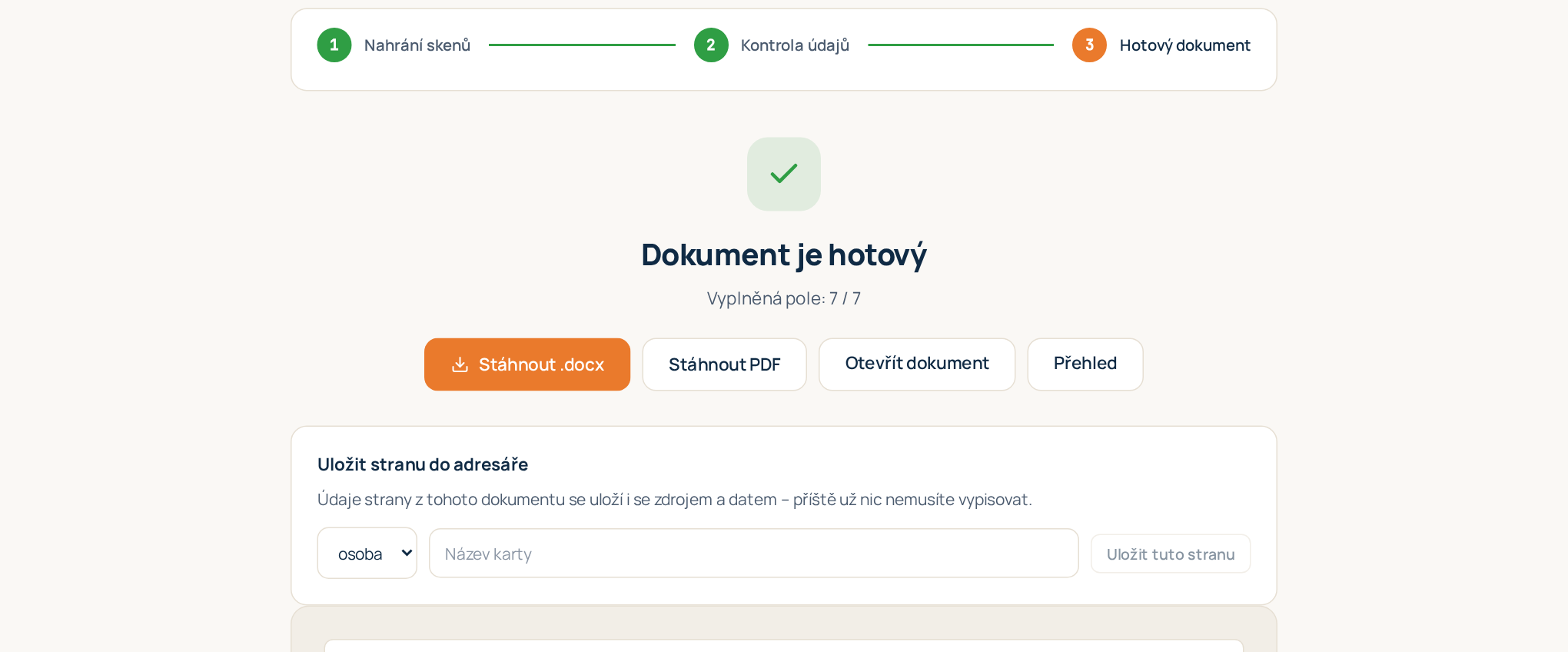 Krok 3: hotový dokument s náhledem a tlačítky pro stažení