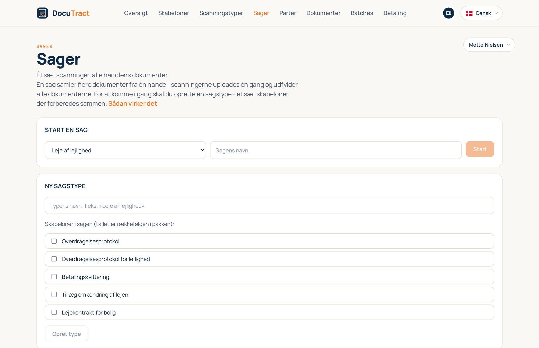 Listen over sager med type og fremskridt