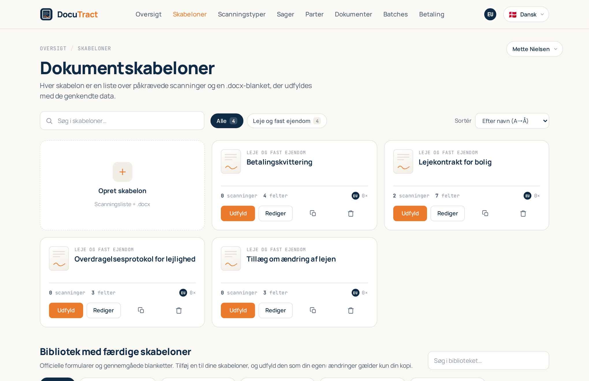 Skabelonkataloget med skabelonkortene og feltet Opret skabelon