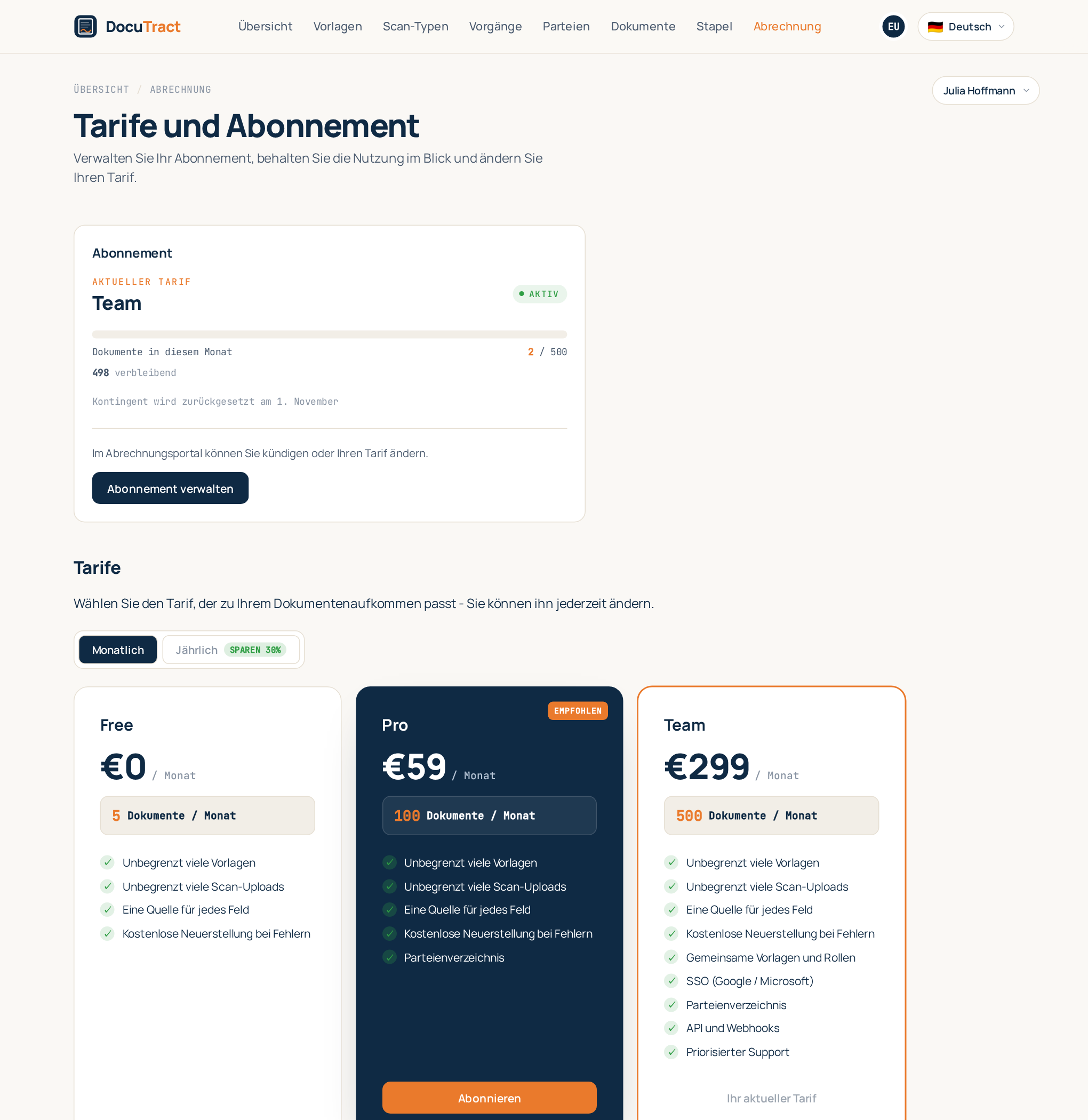 Die Abrechnungsseite: der aktuelle Tarif, die Nutzung in diesem Monat und die wählbaren Tarife
