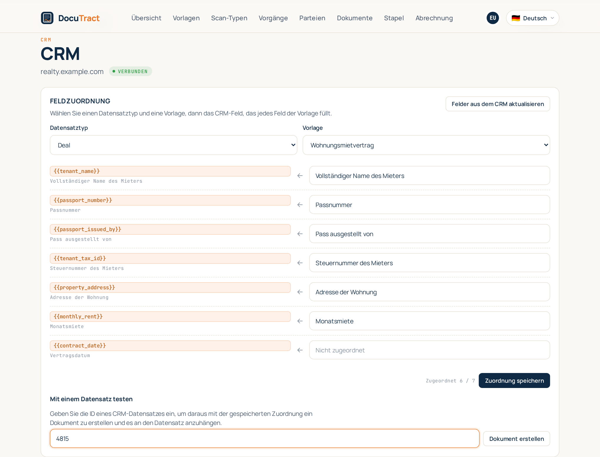 Feldzuordnung: links die Felder der Vorlage, rechts die CRM-Felder, die sie füllen