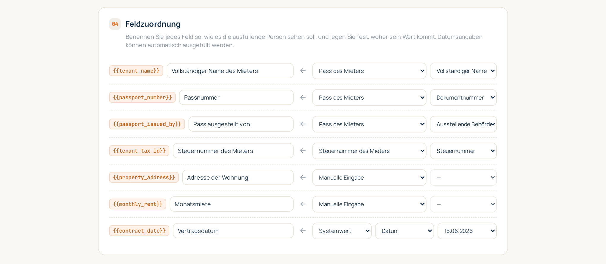 Der Vorlageneditor: die benötigten Scans und die Zuordnung jedes Platzhalters zu seiner Quelle