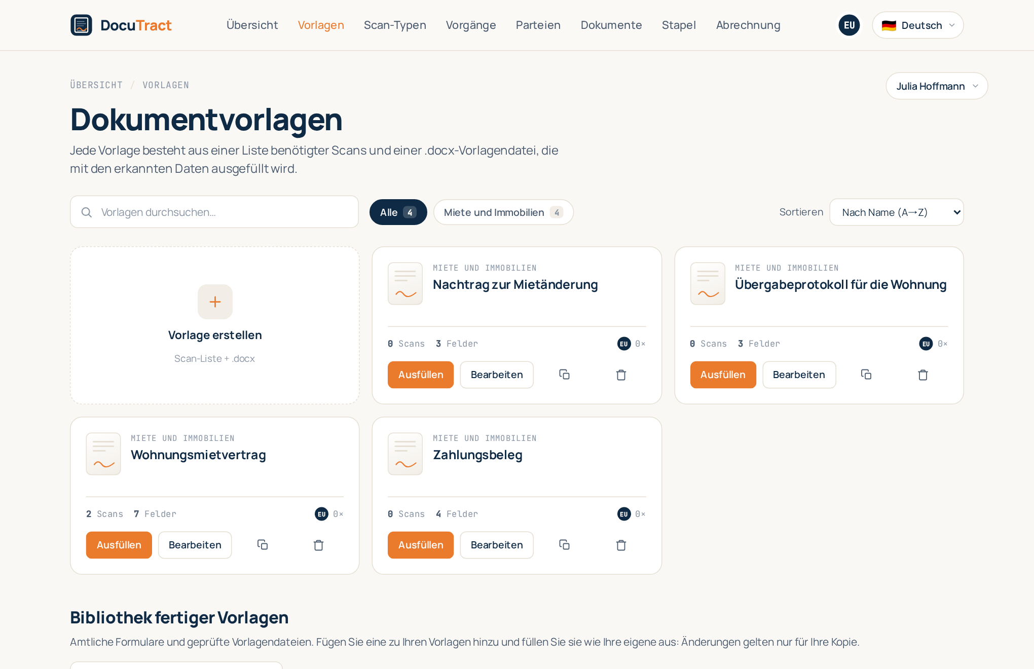 Der Vorlagenkatalog mit den Vorlagenkarten und der Kachel „Vorlage erstellen“