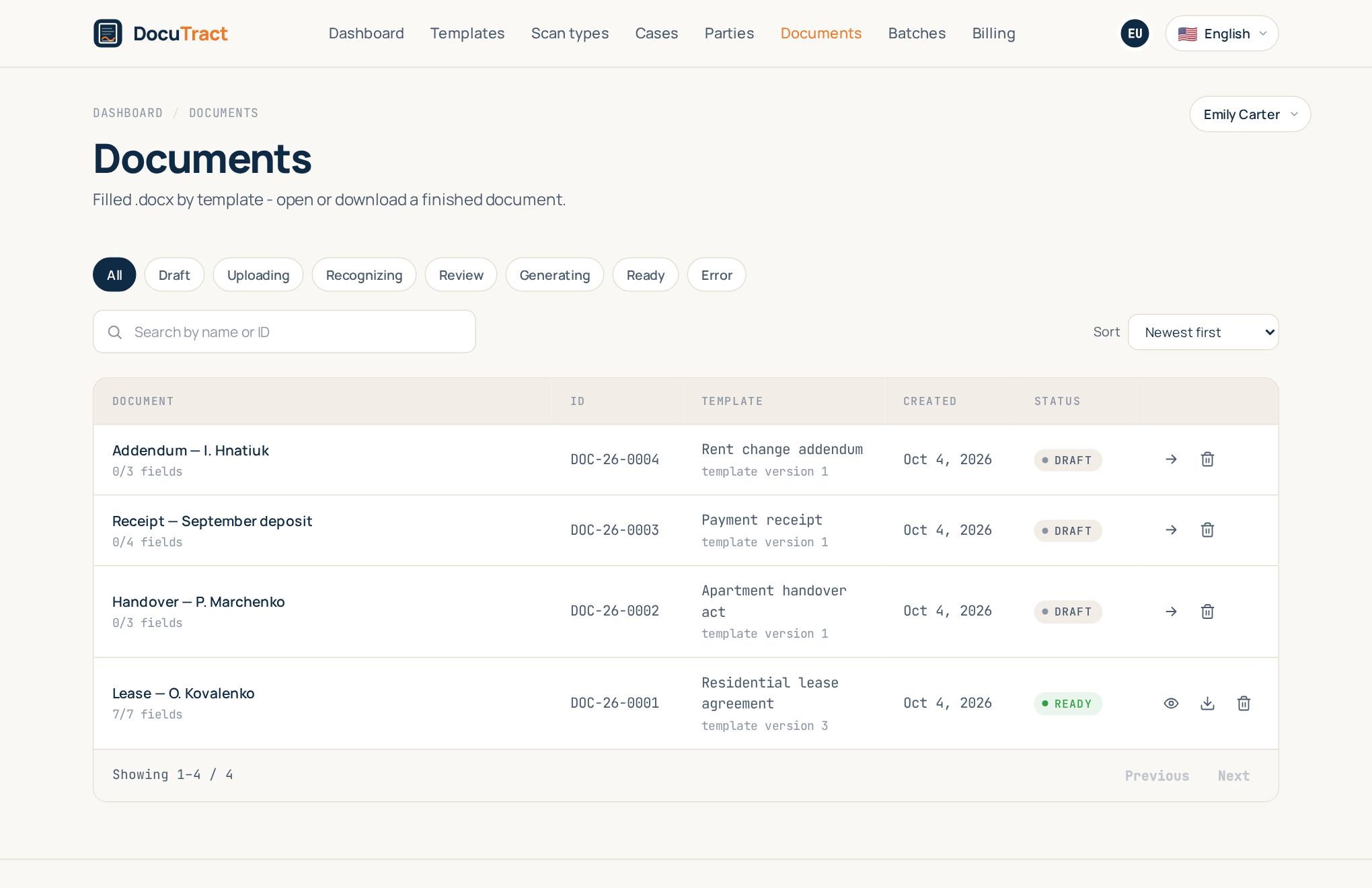 The documents list: every prepared document with its template, date and status