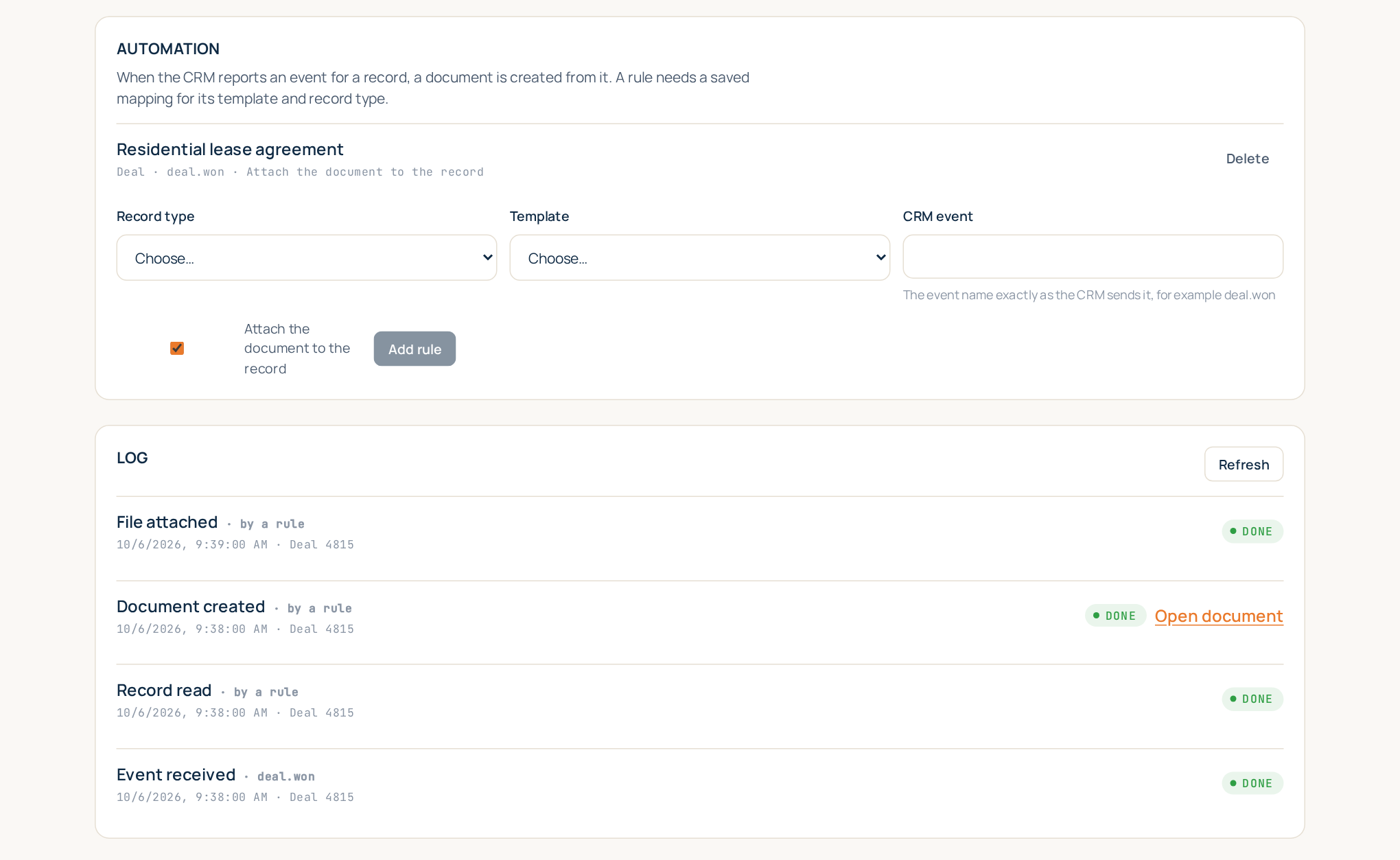 An automation rule and the log of what it did