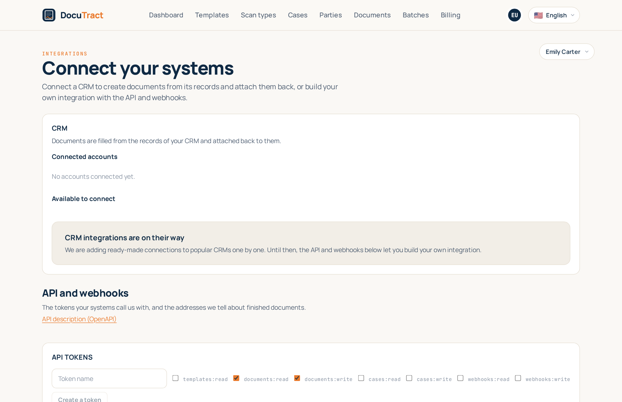 The Integrations screen: the CRM section first, the API and webhooks below it