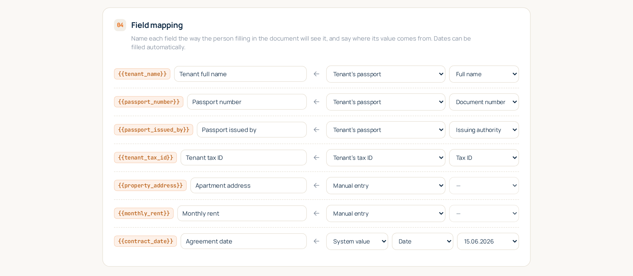 The template editor: the required scans and the mapping of each placeholder to its source