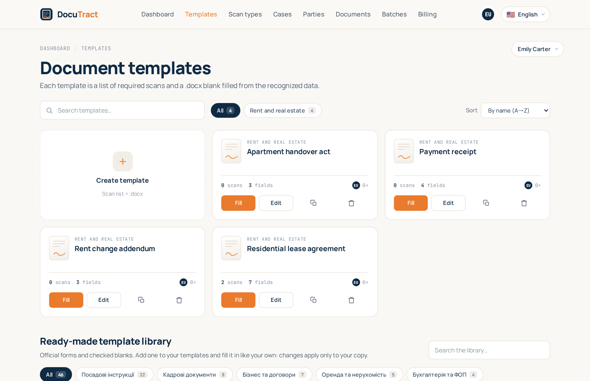The templates catalogue with the template cards and the Create template tile