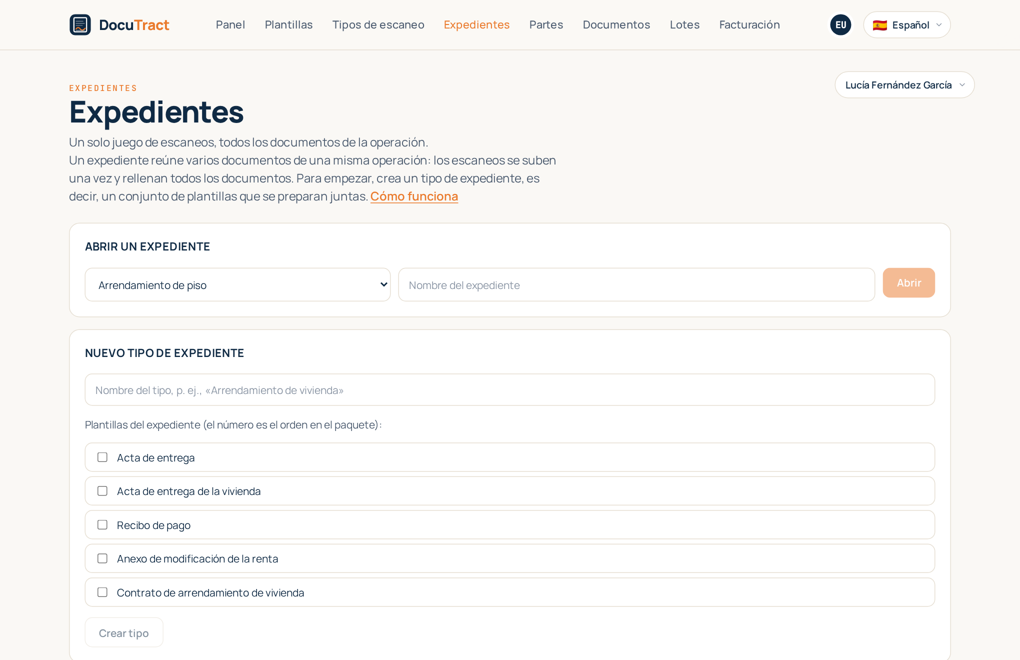 La lista de expedientes con su tipo y su avance