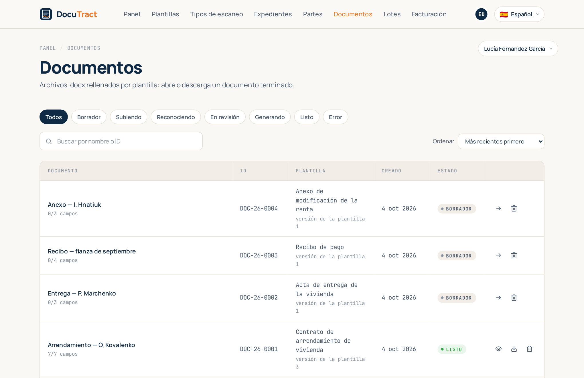 La lista de documentos: cada documento preparado con su plantilla, fecha y estado