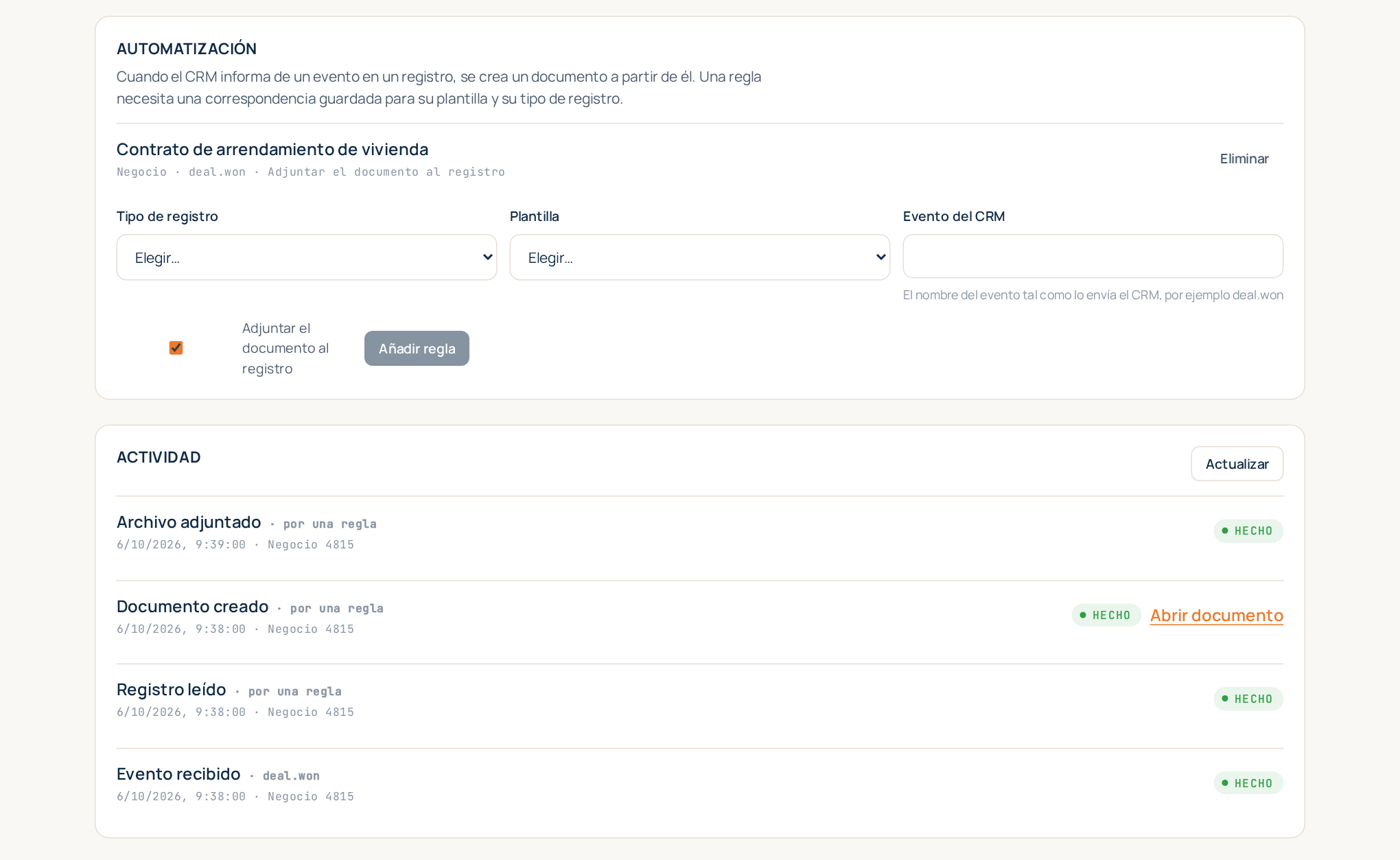 Una regla de automatización y la actividad de lo que hizo