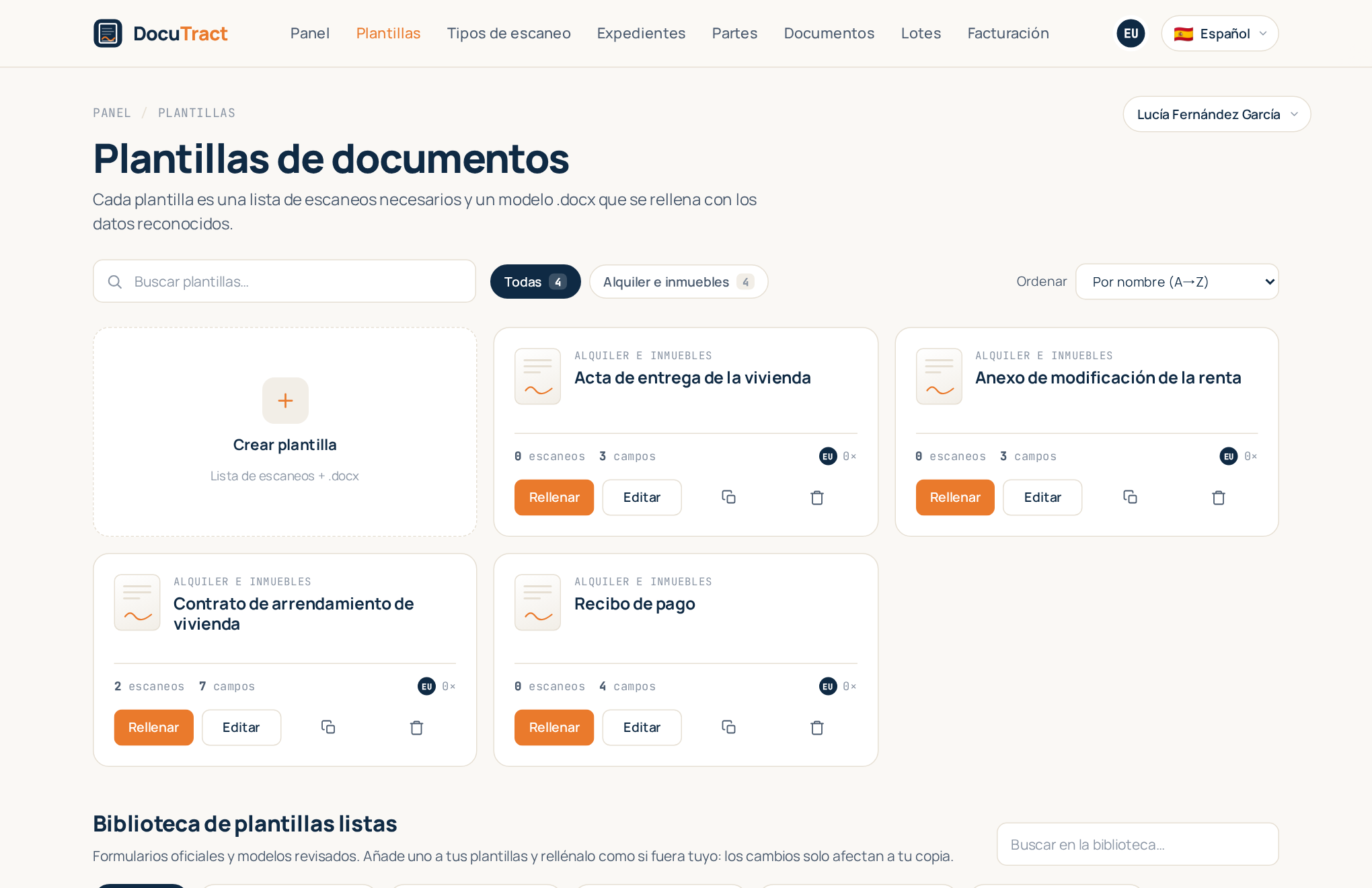 El catálogo de plantillas con las tarjetas de plantilla y la tarjeta Crear plantilla