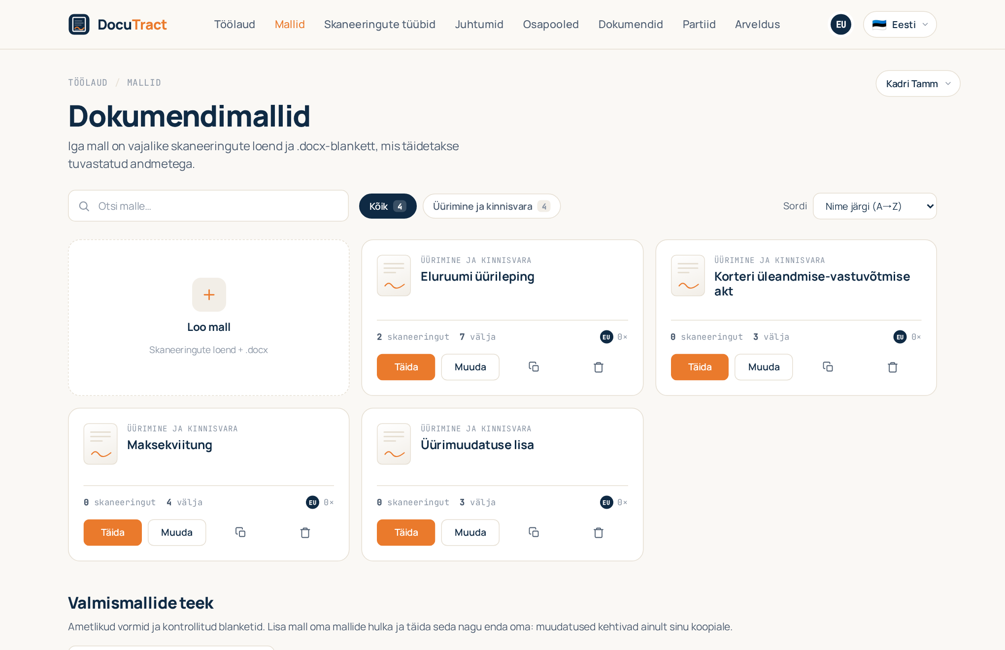 Mallide kataloog mallikaartide ja paaniga „Loo mall“