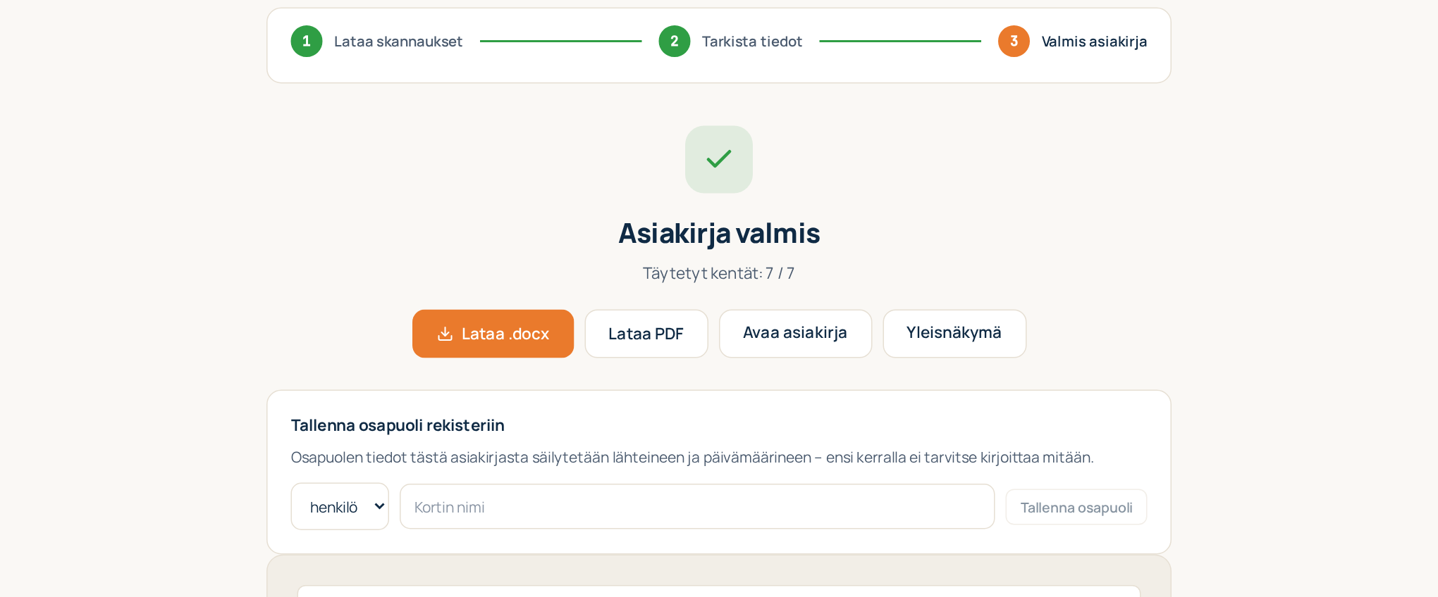 Vaihe 3: valmis asiakirja esikatseluineen ja latauspainikkeineen