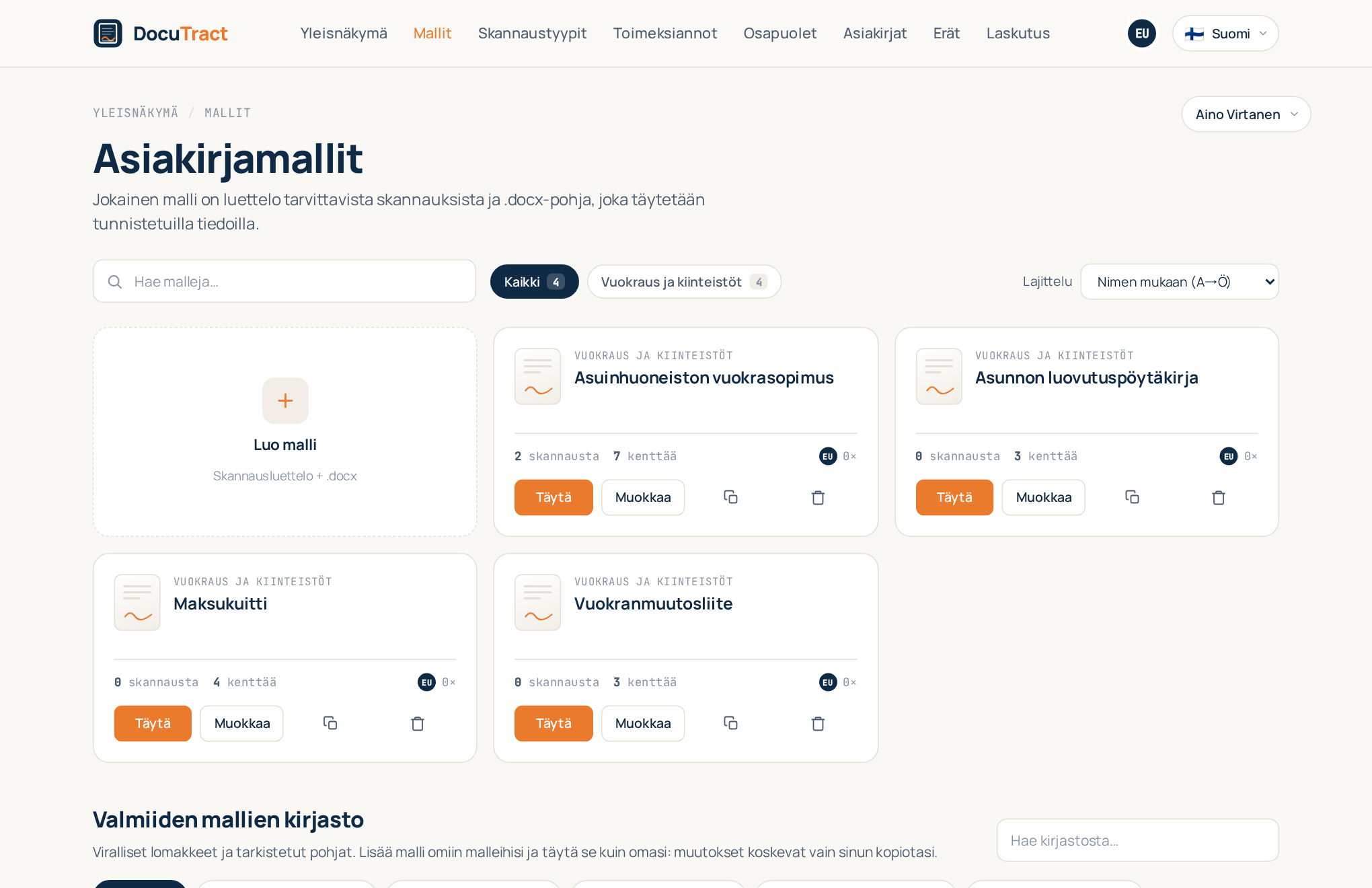Malliluettelo: mallikortit ja Luo malli -ruutu