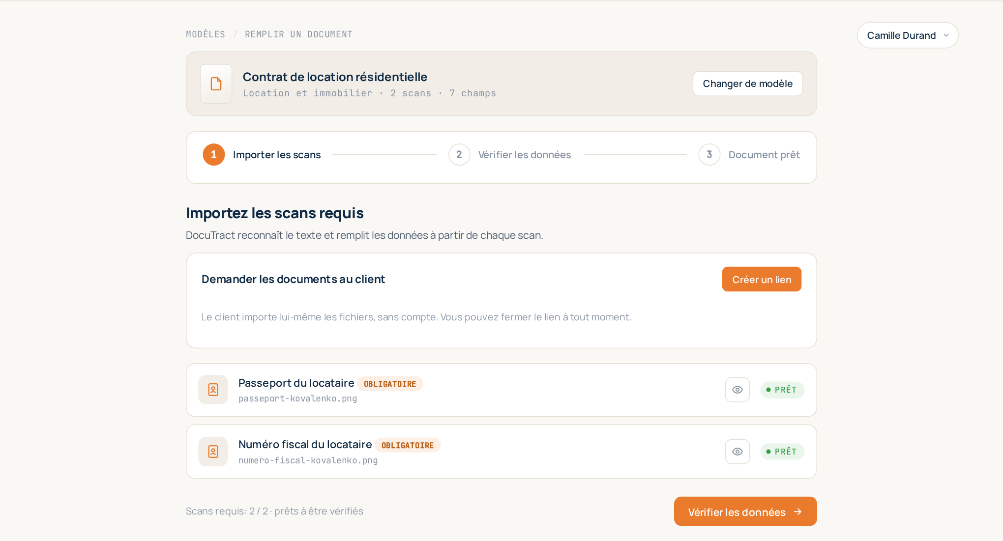 Étape 1 : un emplacement pour chaque document requis, avec les pages importées