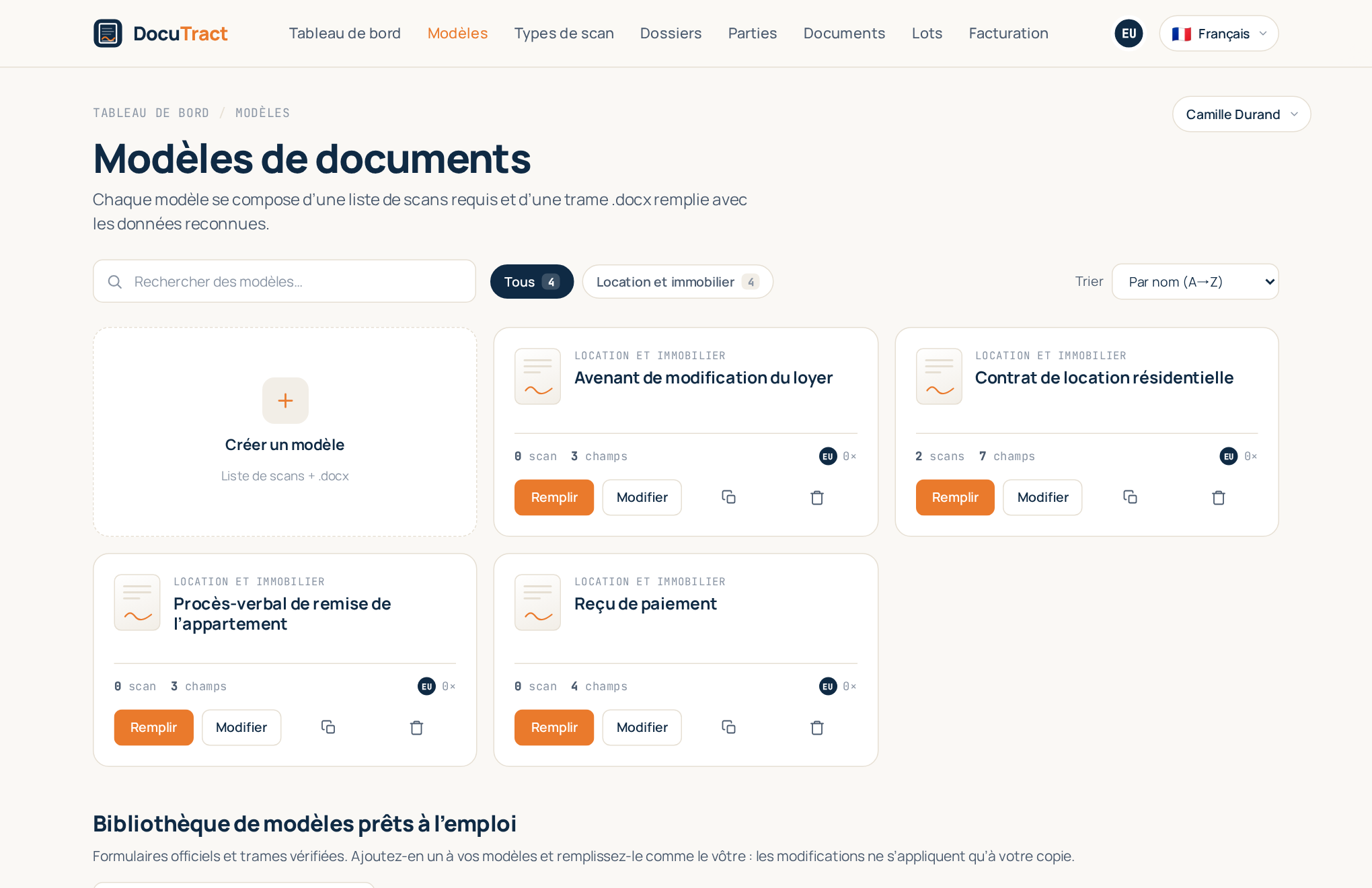 Le catalogue des modèles avec les fiches de modèles et la tuile Créer un modèle