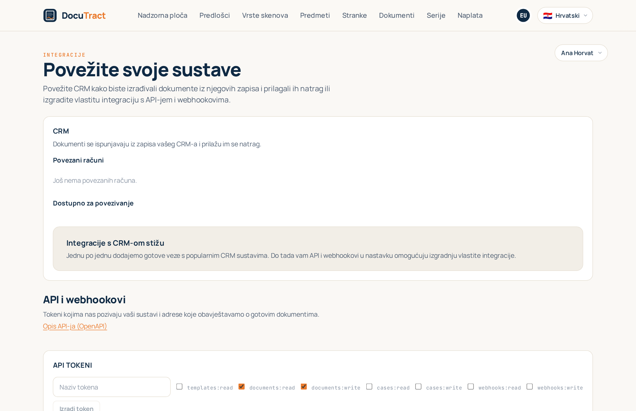 Zaslon „Integracije”: najprije odjeljak CRM, ispod njega API i webhookovi