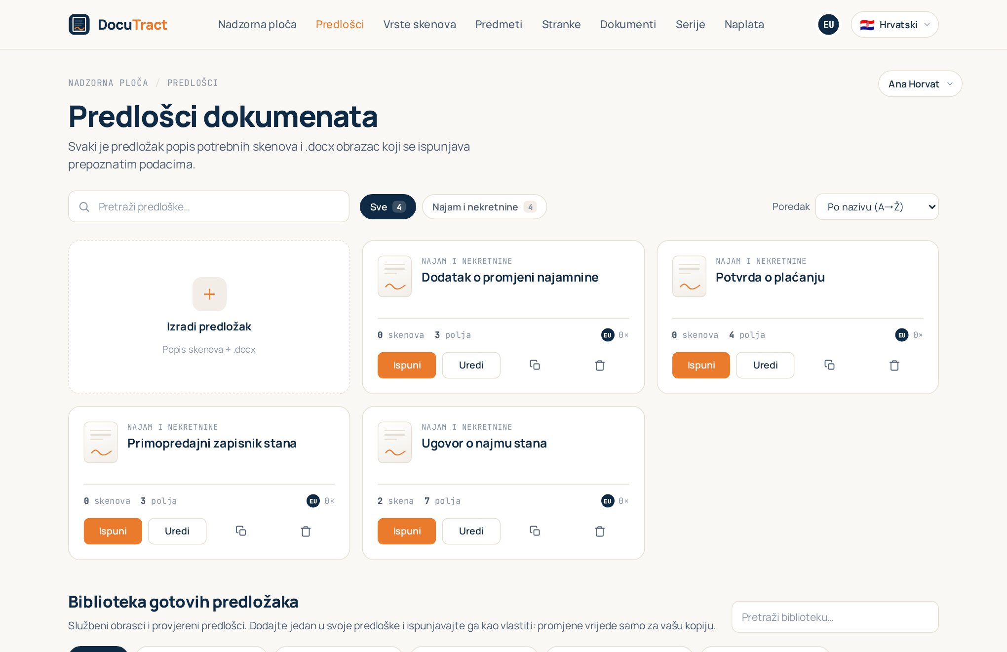 Katalog predložaka s karticama predložaka i pločicom Izradi predložak