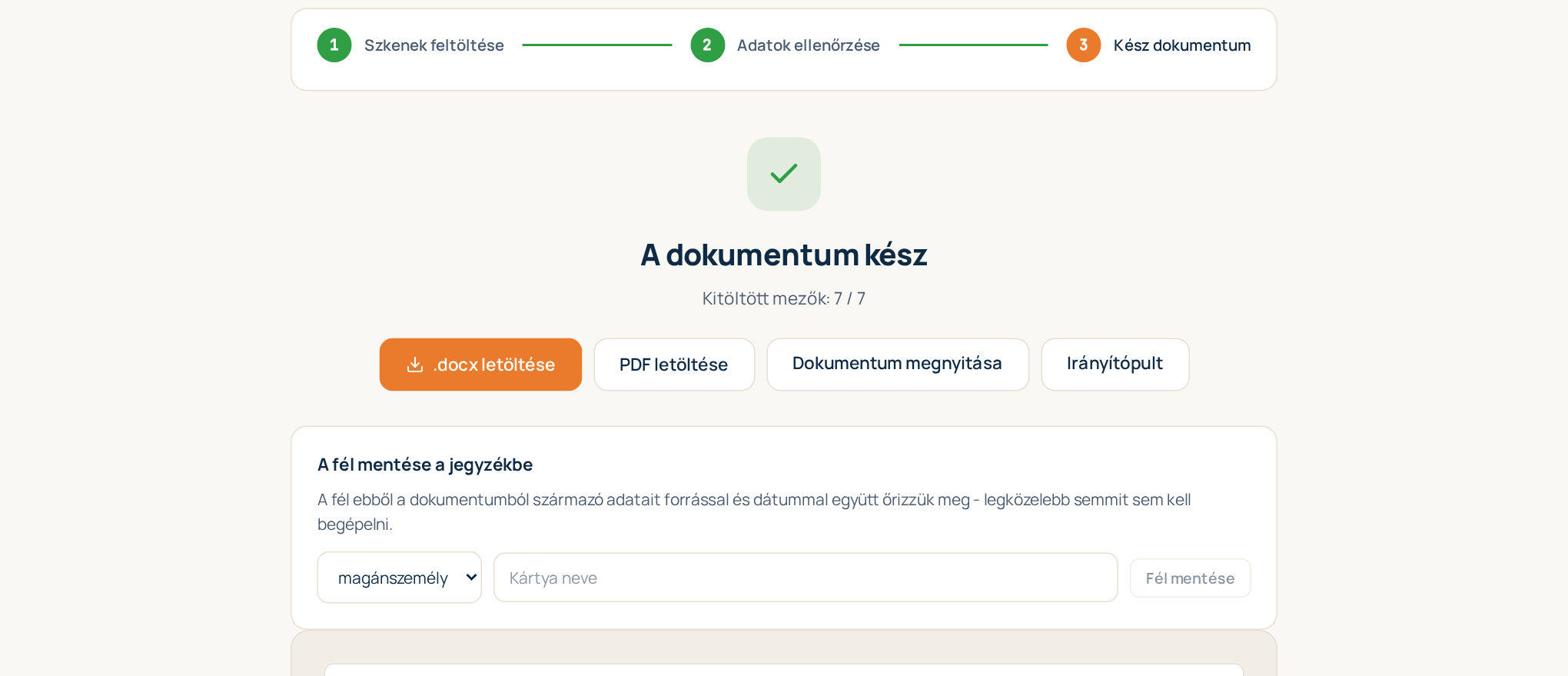 3. lépés: a kész dokumentum előnézettel és a letöltési gombokkal