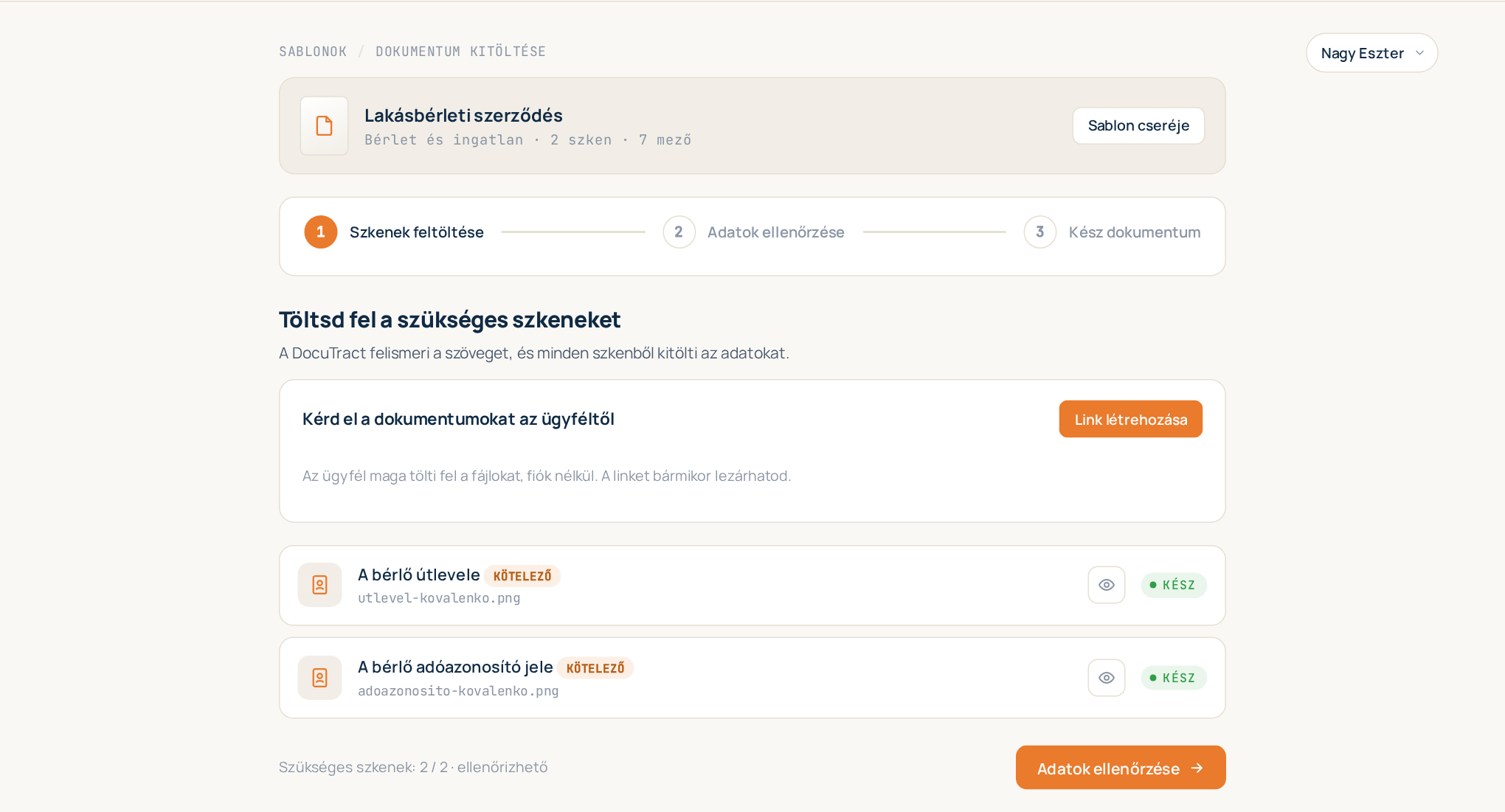 1. lépés: minden szükséges dokumentumnak saját helye van, a feltöltött oldalakkal