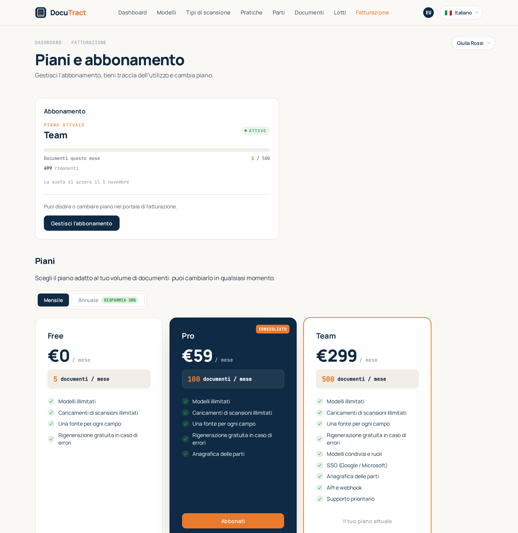 La pagina di fatturazione: il piano attuale, l'utilizzo di questo mese e i piani tra cui scegliere