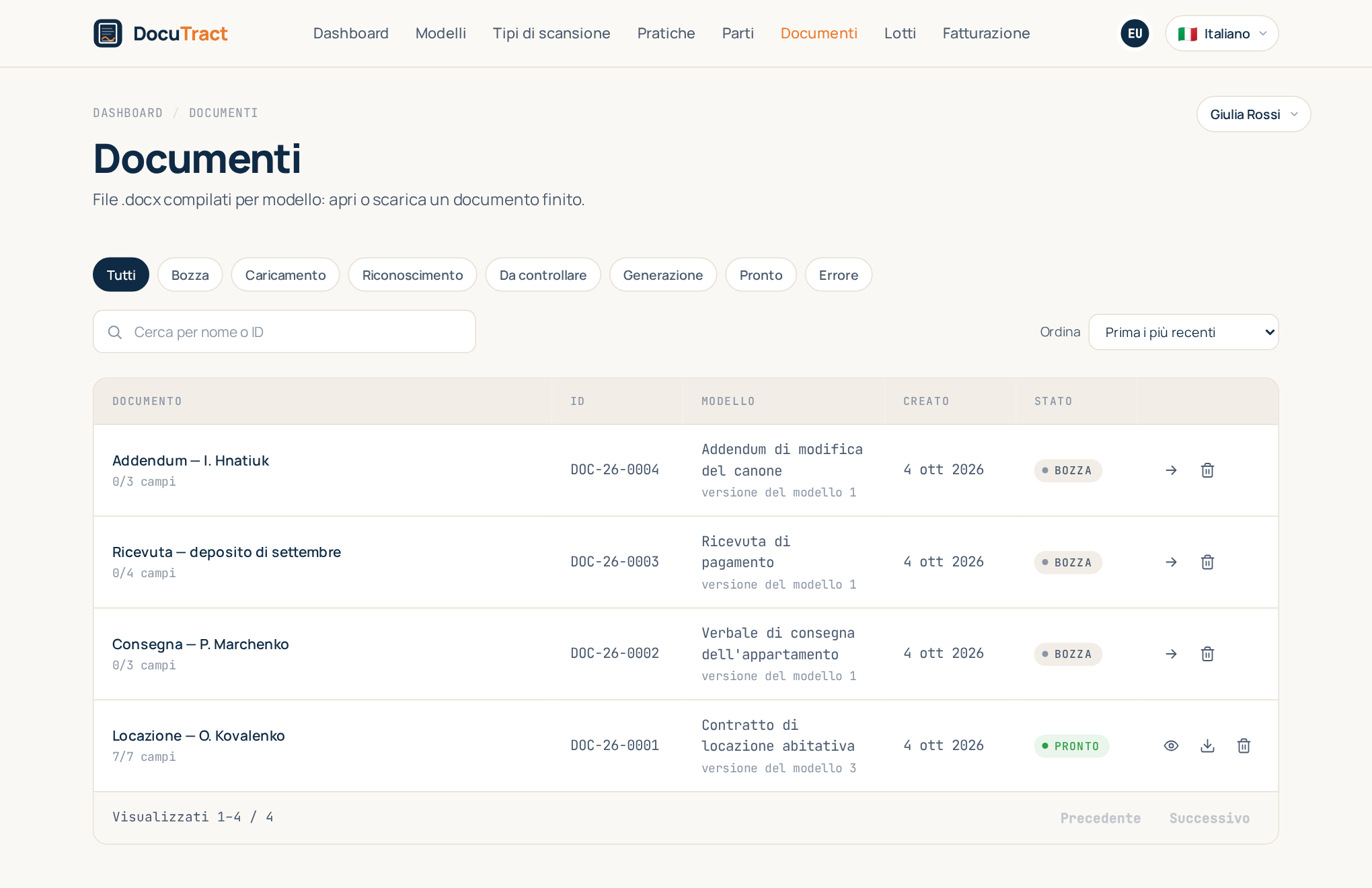 L'elenco dei documenti: ogni documento preparato con il suo modello, la data e lo stato