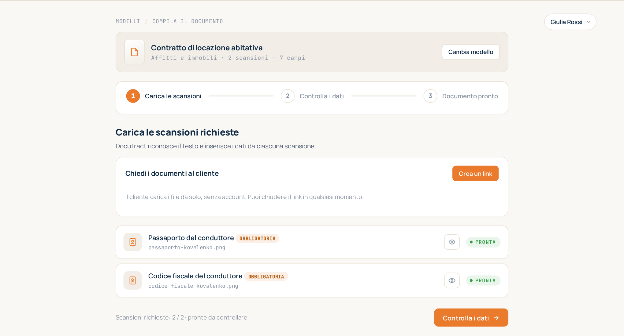 Passaggio 1: uno slot per ogni documento richiesto, con le pagine caricate